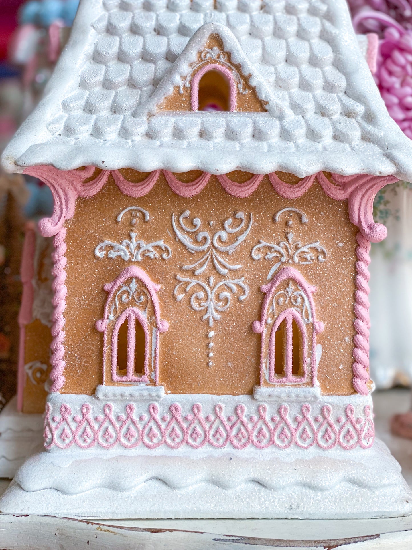 Bespoke Hand Painted LED light up Gingerbread House with Pink Details
