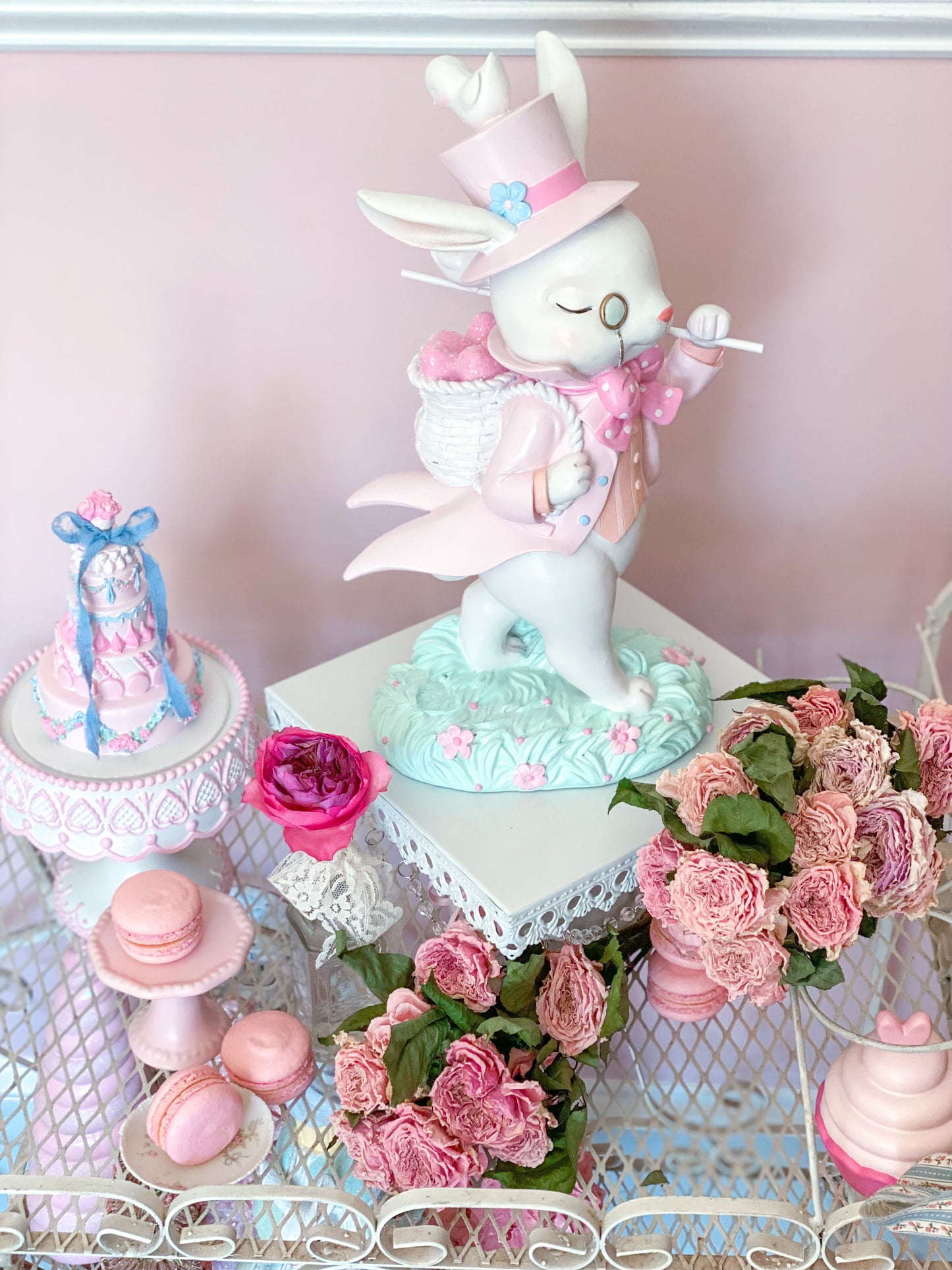 GLOW-UP COMMISSION: Bespoke Hand Painted Pastel Pink Mad Hatter Bunny Strolling with his chicks