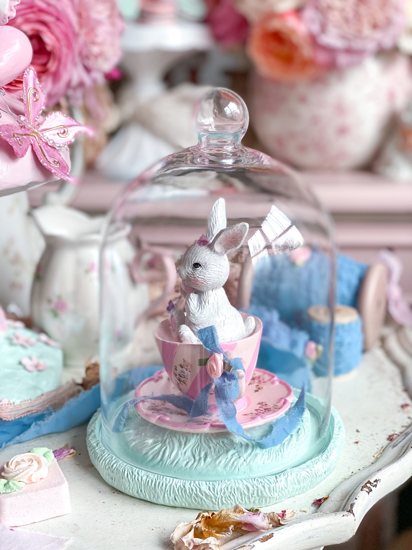 Bespoke Hand Painted Pastel Pink Bunny in a Tea Cup Cloche