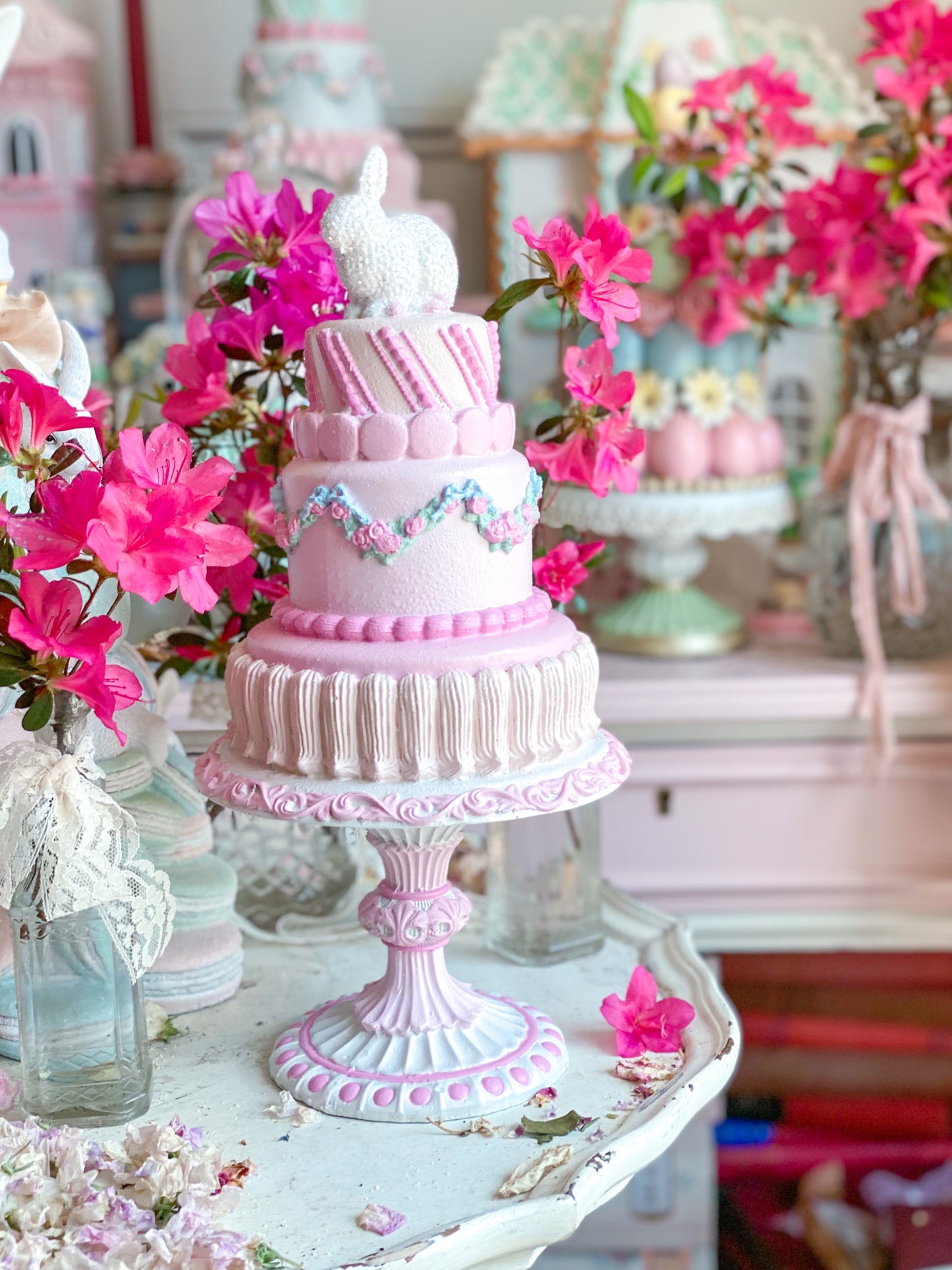 GLOW-UP COMMISSION: Bespoke Pastel Pink Bunny Cake with Floral Garland on Pedestal Base