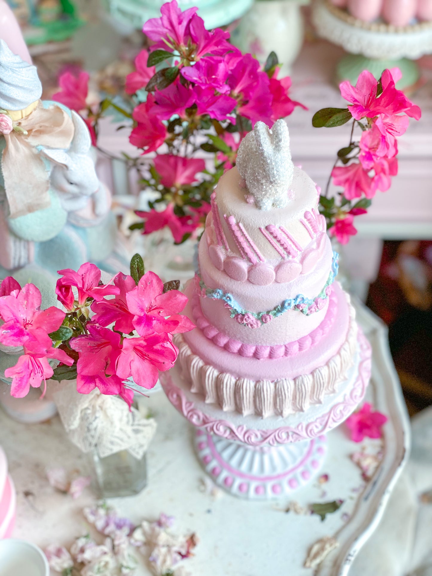 GLOW-UP COMMISSION: Bespoke Pastel Pink Bunny Cake with Floral Garland on Pedestal Base