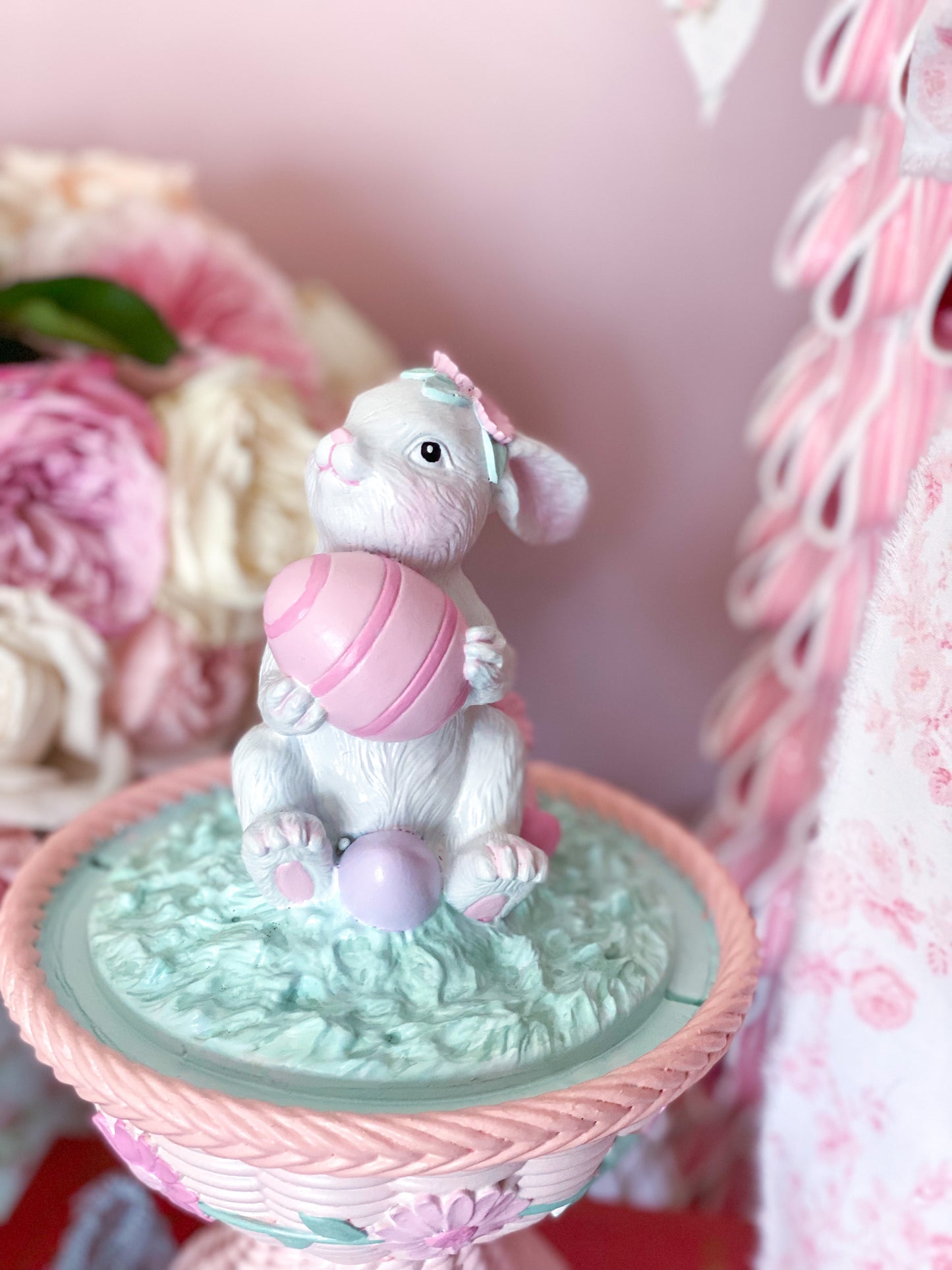 Bespoke Easter Bunny in Cloche on Pastel Pink Pedestal Base Hand Painted