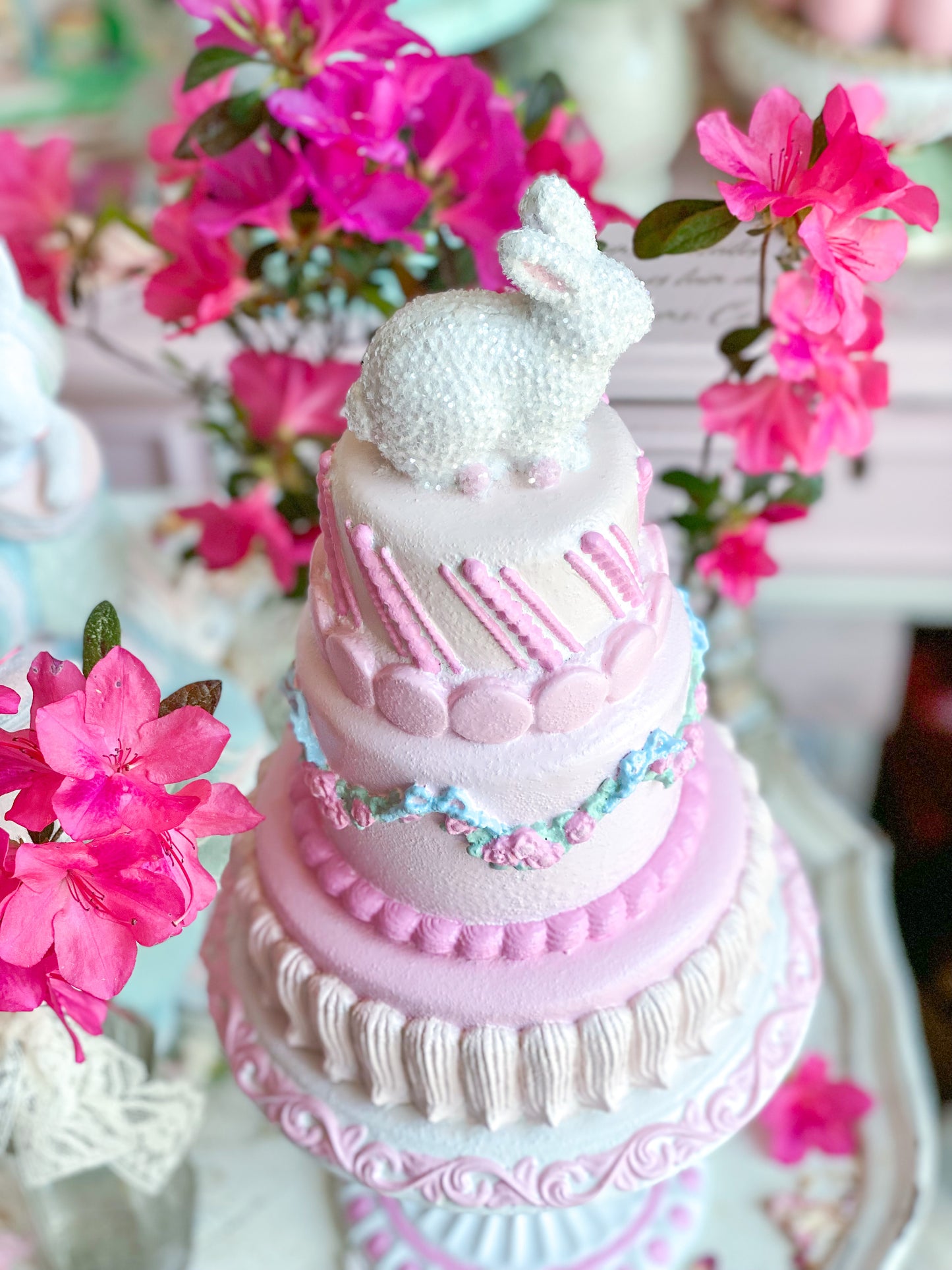 GLOW-UP COMMISSION: Bespoke Pastel Pink Bunny Cake with Floral Garland on Pedestal Base