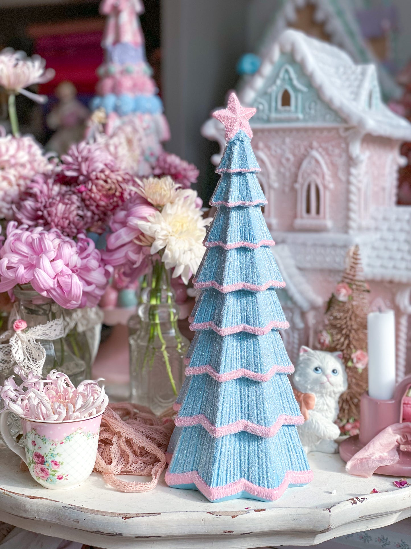 Bespoke Pastel Blue and Pink Hand Painted Glitter Christmas Tree