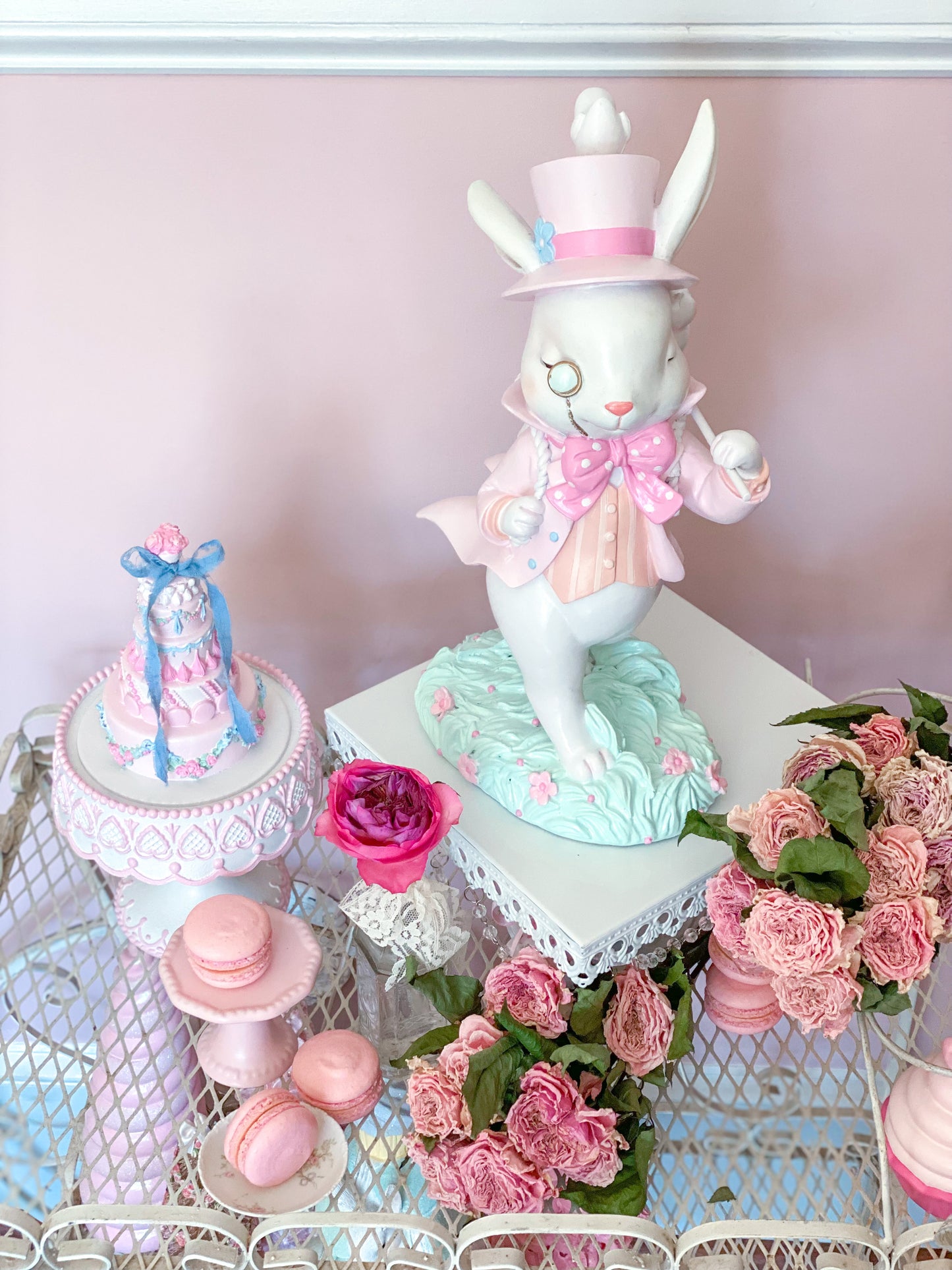 GLOW-UP COMMISSION: Bespoke Hand Painted Pastel Pink Mad Hatter Bunny Strolling with his chicks