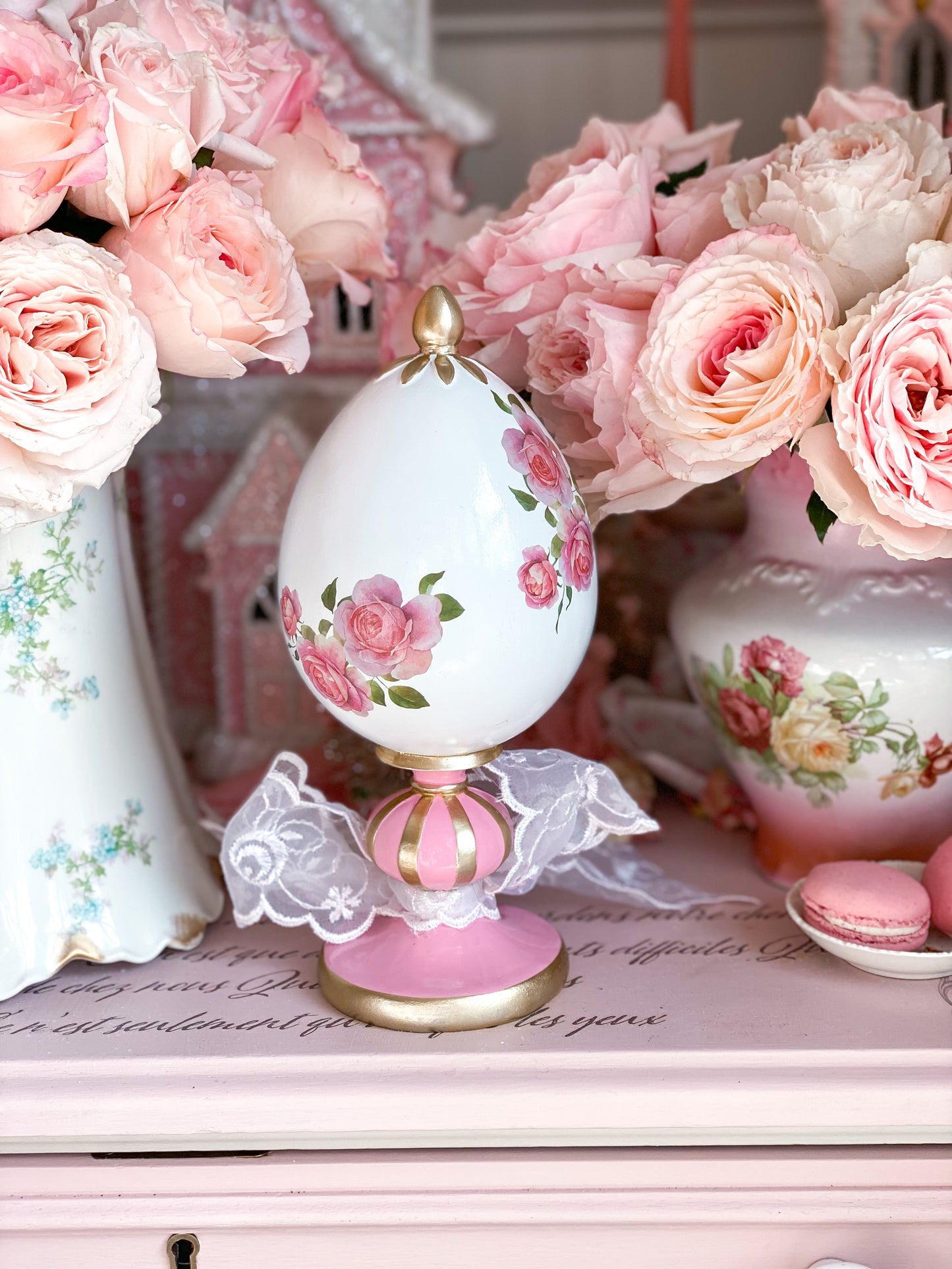 Bespoke Pastel Pink Shabby Chic Floral Easter Egg Finial Topiary