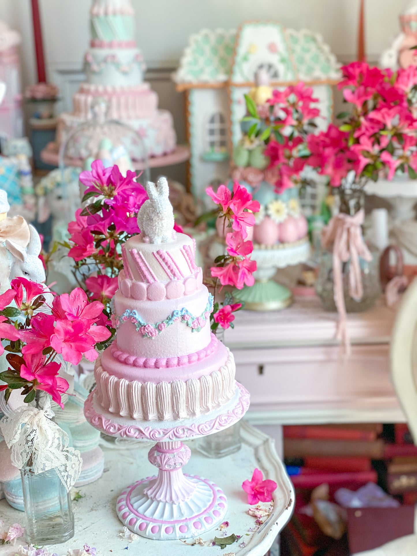 GLOW-UP COMMISSION: Bespoke Pastel Pink Bunny Cake with Floral Garland on Pedestal Base