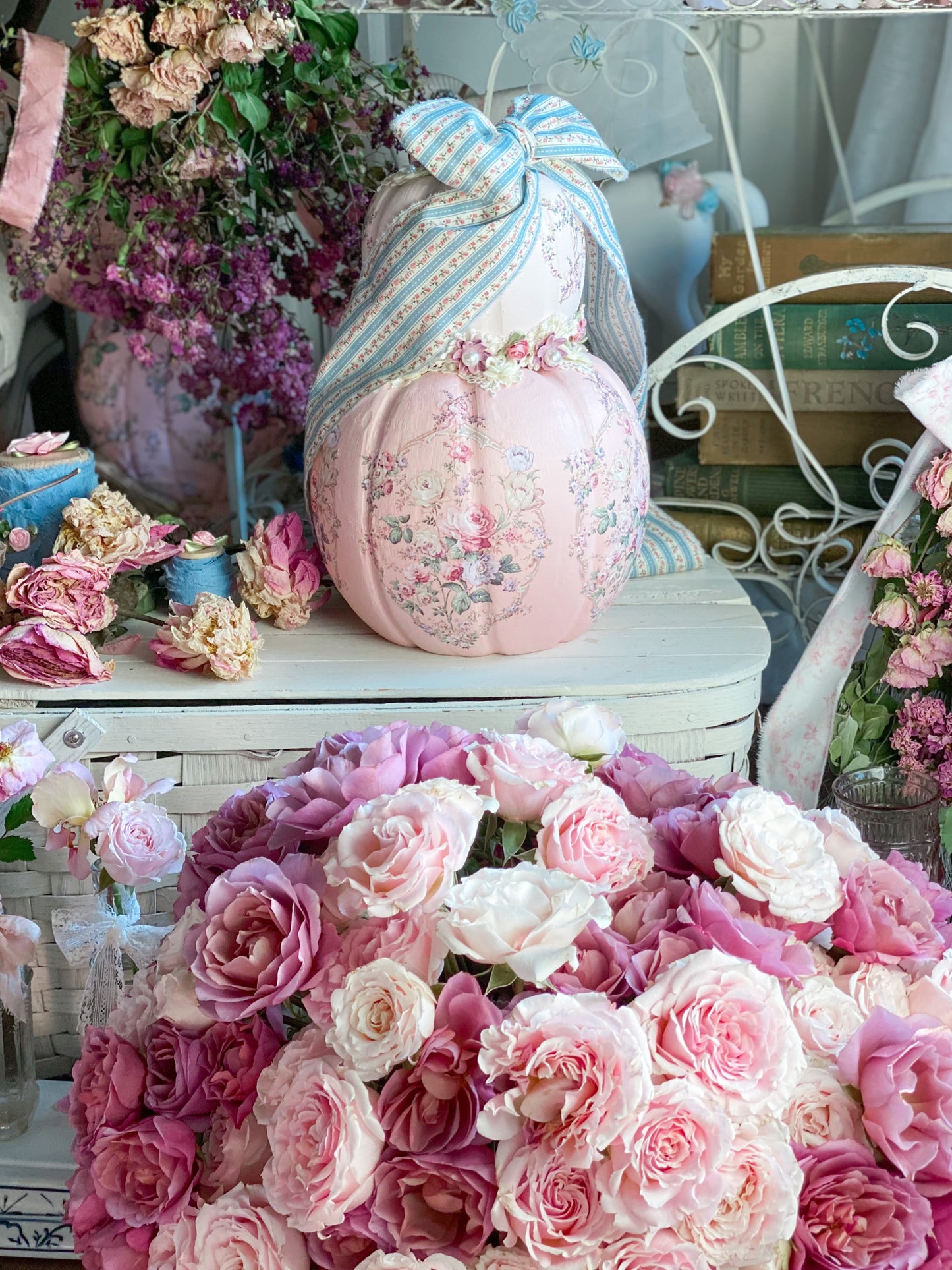 Bespoke Pink Double Pumpkin Stack w/ Blue Ribbon