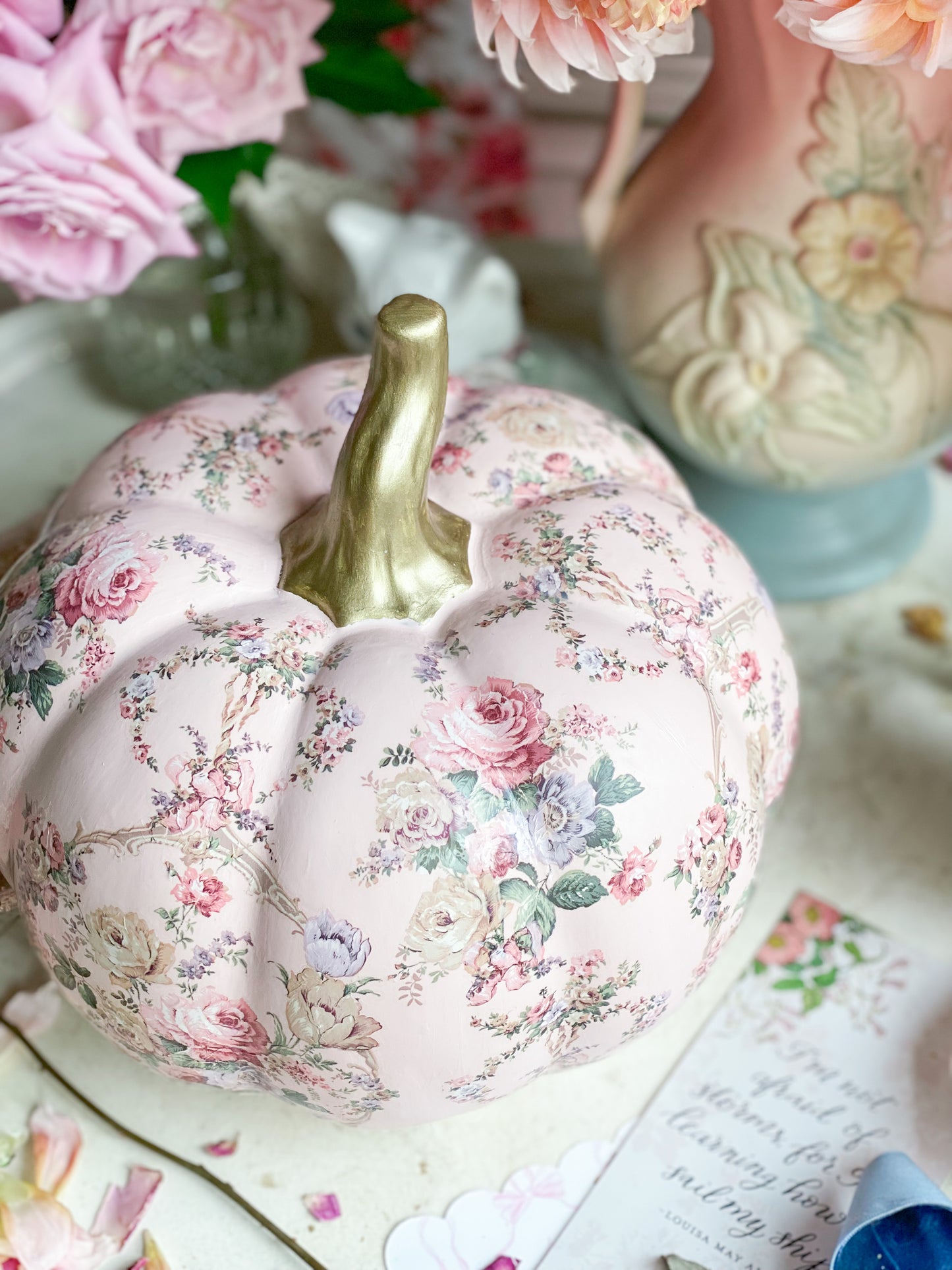 Pink Upcycled Shabby Chic Hand Painted Ceramic Pumpkin