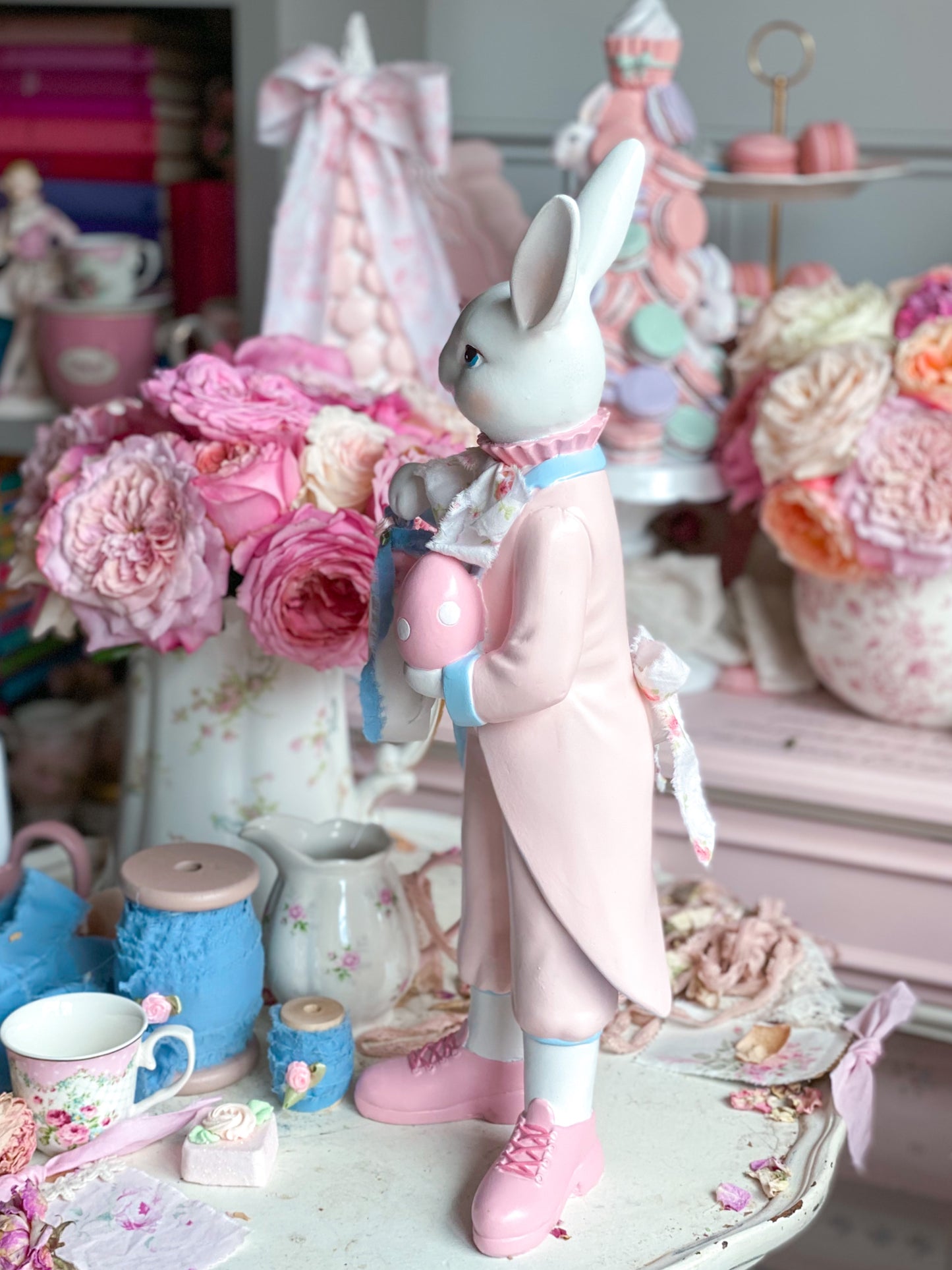 Bespoke Hand Painted Pastel Pink and Blue White Rabbit Figurine Holding Pocket Watch