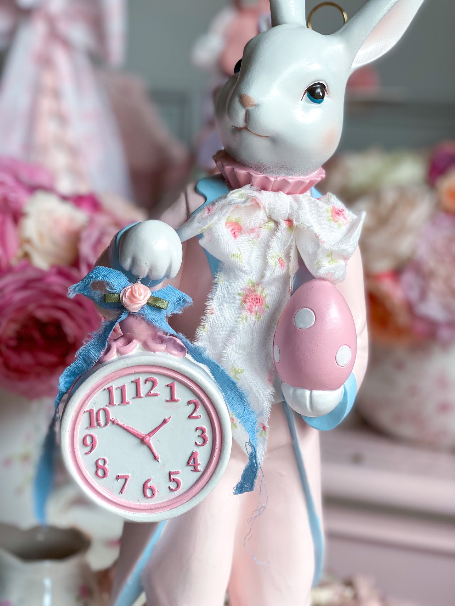 Bespoke Hand Painted Pastel Pink and Blue White Rabbit Figurine Holding Pocket Watch