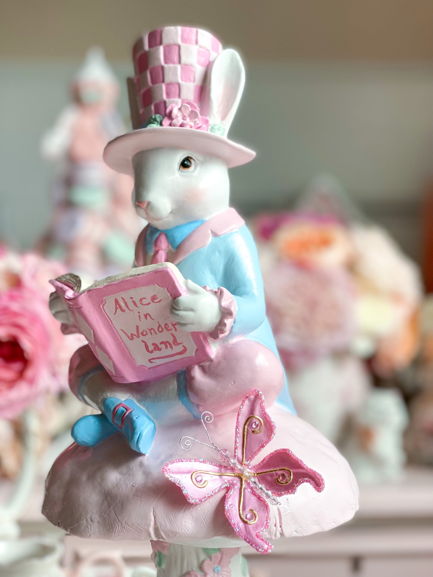 Bespoke Hand Painted Pastel Pink & Blue Mad Hatter Bunny Reading Book of Alice in Wonderland on a Mushroom