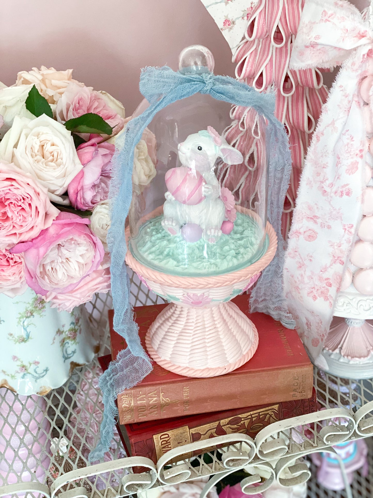 Bespoke Easter Bunny in Cloche on Pastel Pink Pedestal Base Hand Painted