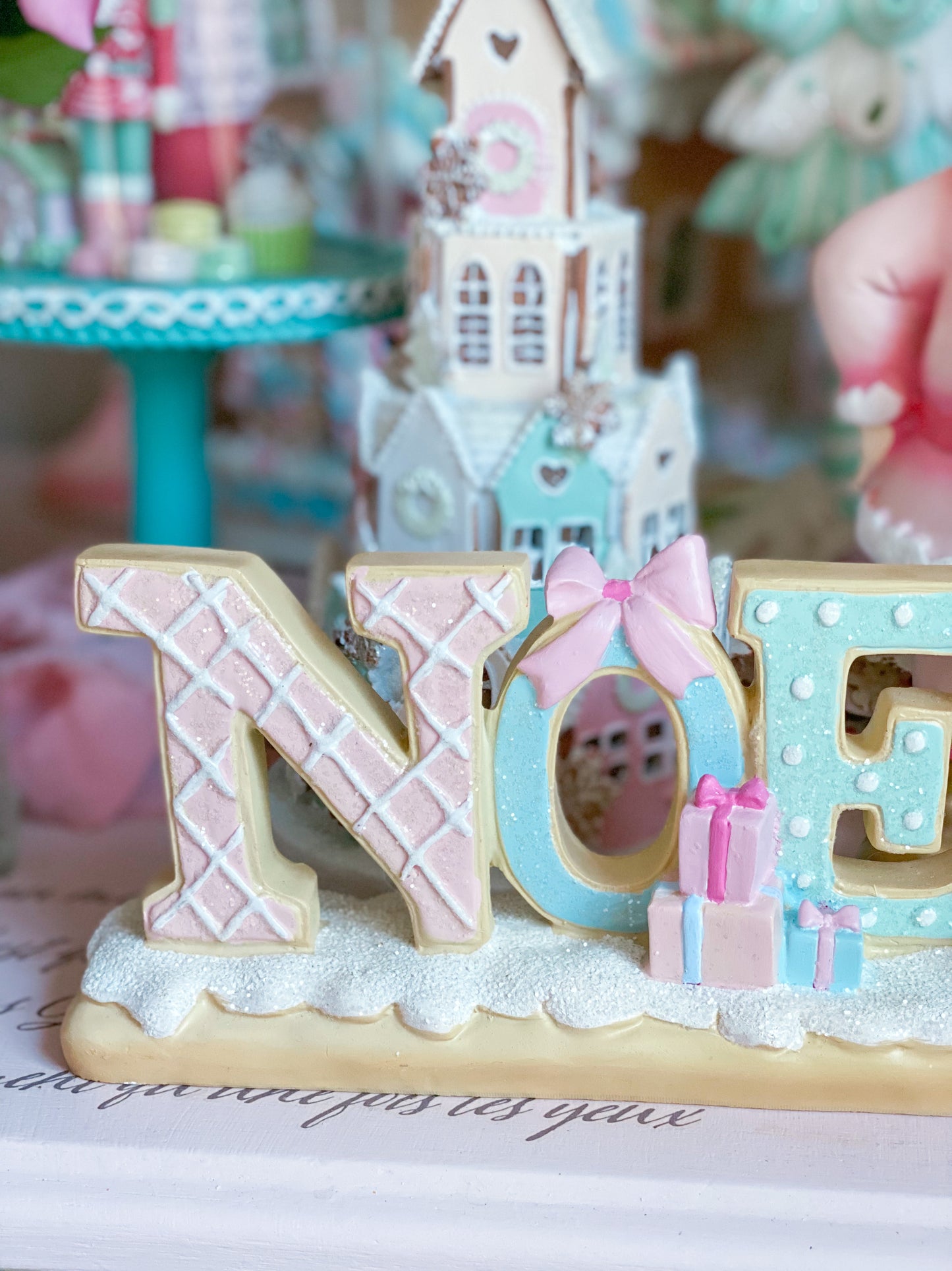 Bespoke Noel Gingerbread Sign w/ pink bow & packages