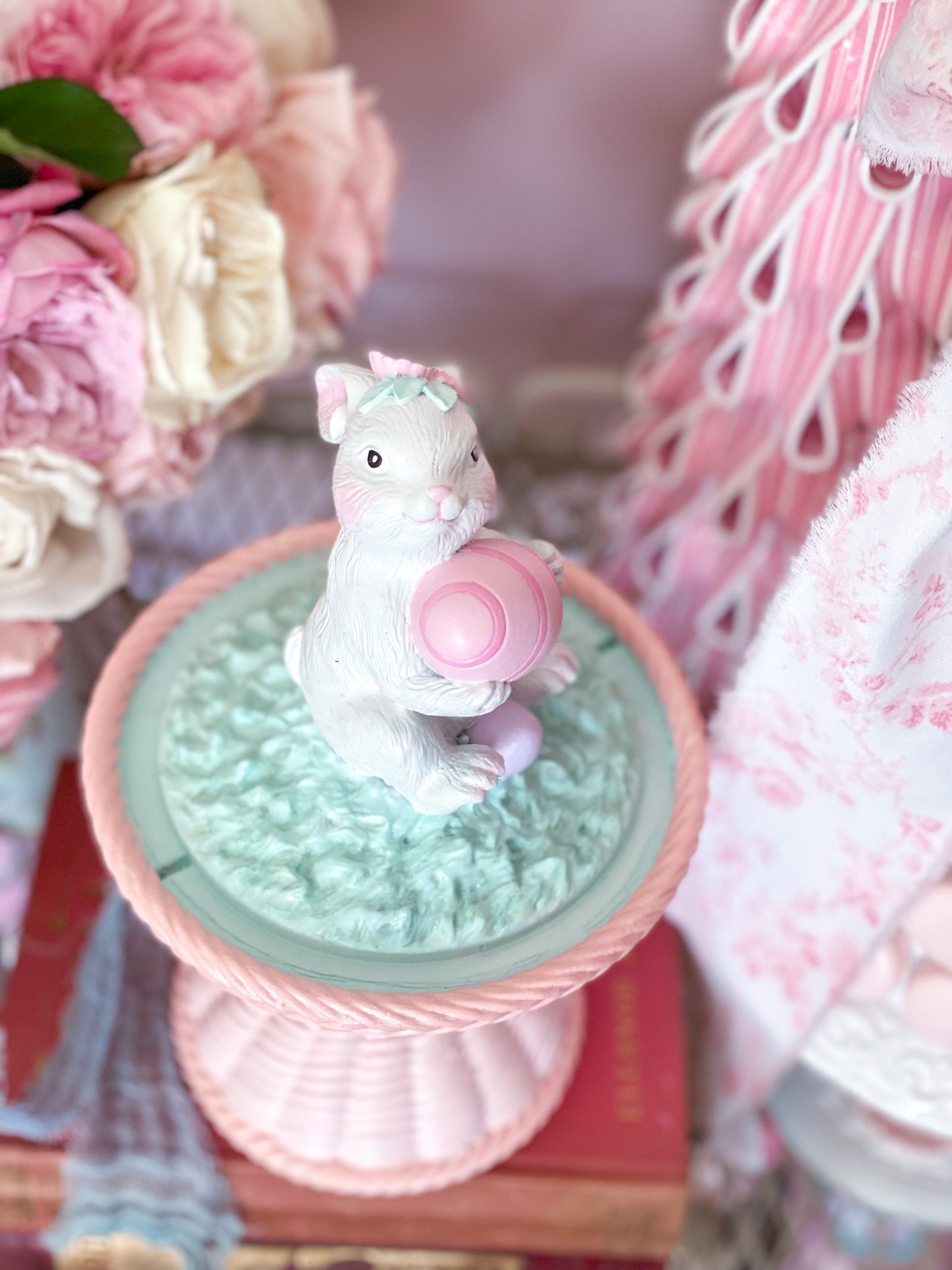 Bespoke Easter Bunny in Cloche on Pastel Pink Pedestal Base Hand Painted