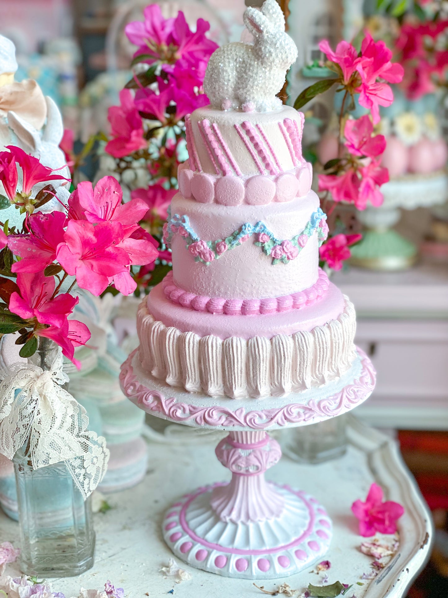 GLOW-UP COMMISSION: Bespoke Pastel Pink Bunny Cake with Floral Garland on Pedestal Base