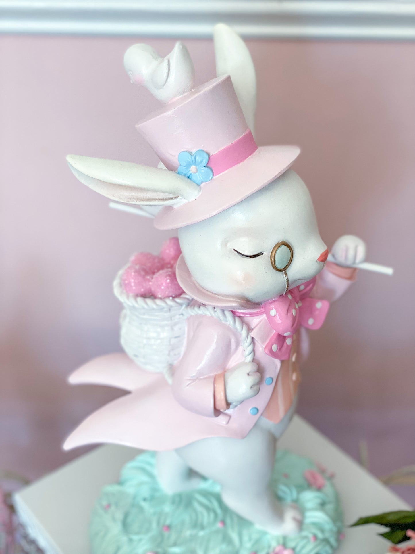 GLOW-UP COMMISSION: Bespoke Hand Painted Pastel Pink Mad Hatter Bunny Strolling with his chicks