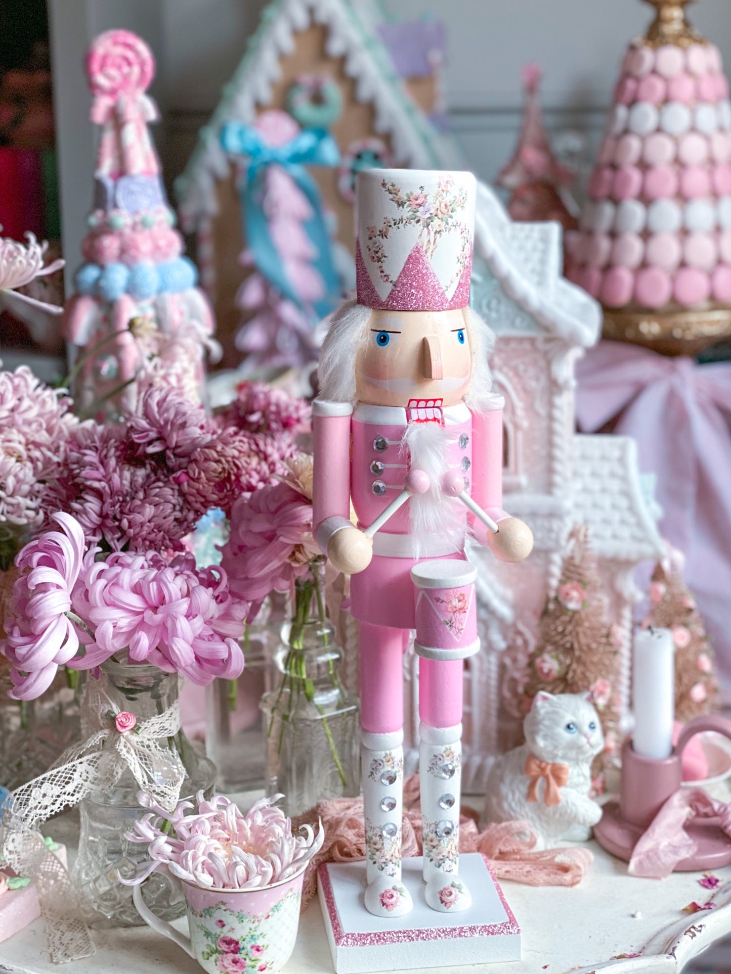 Bespoke Pastel Pink Glitter Drummer Nutcracker with Floral Boots