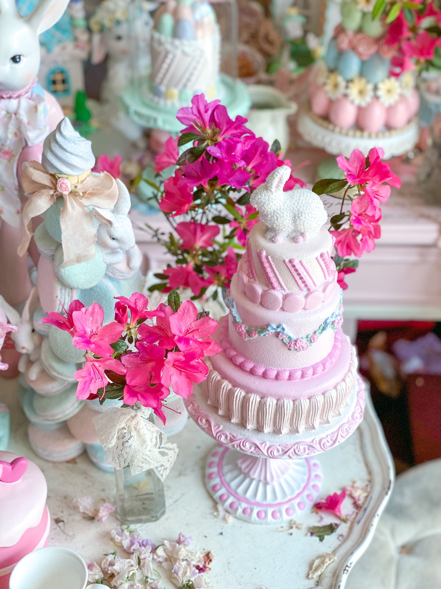 GLOW-UP COMMISSION: Bespoke Pastel Pink Bunny Cake with Floral Garland on Pedestal Base