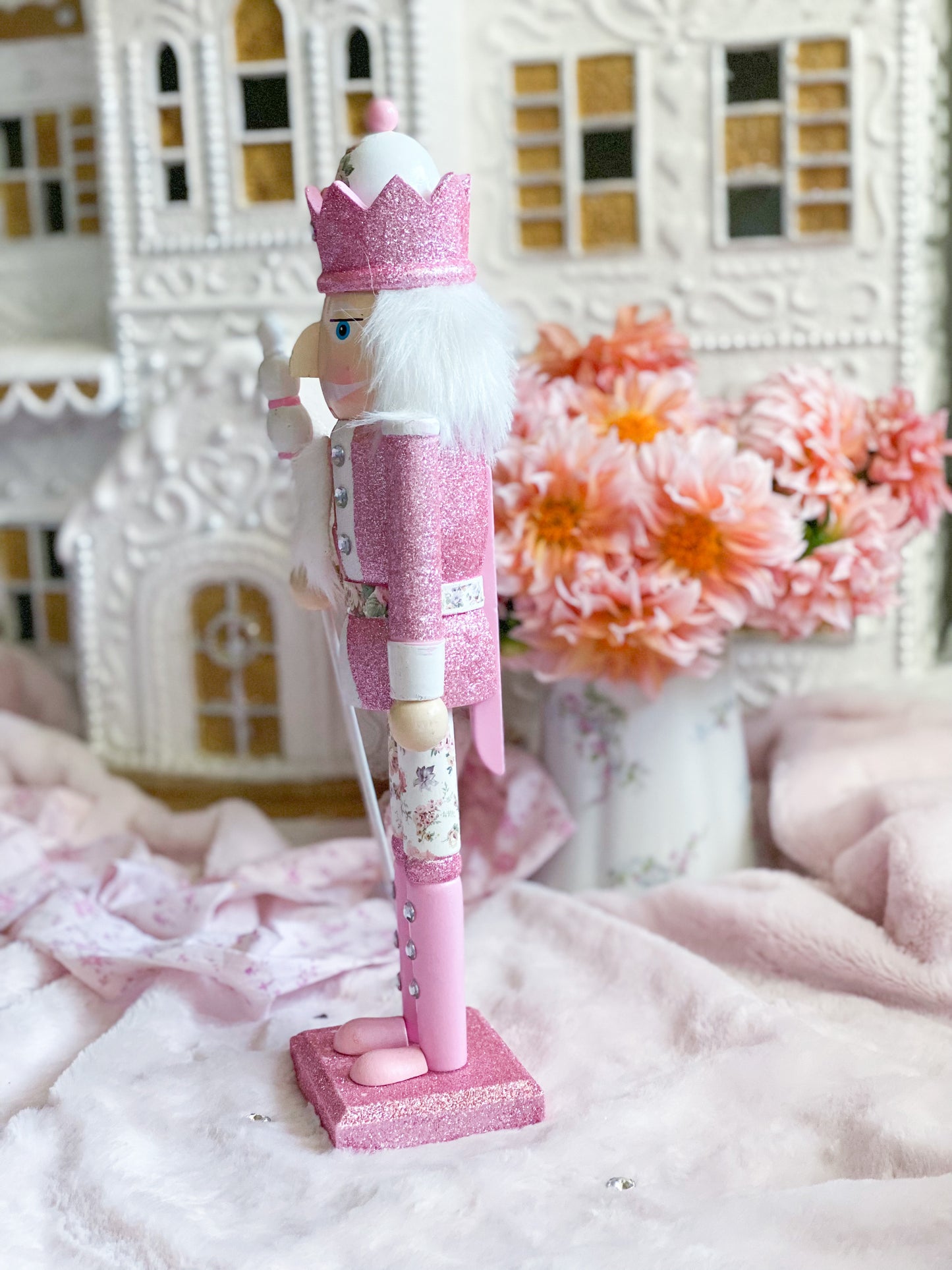 Bespoke Pink Glitter Wooden Nutcracker with Floral Pants