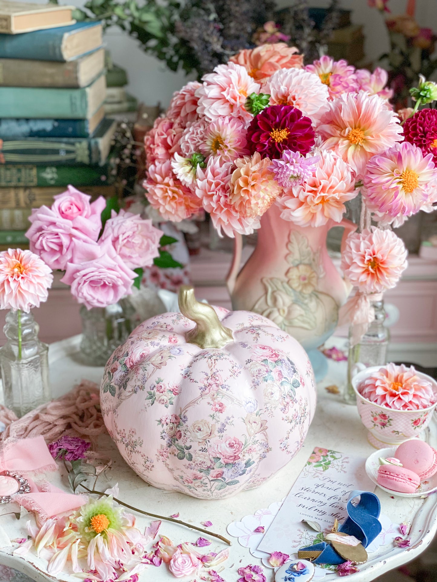 Pink Upcycled Shabby Chic Hand Painted Ceramic Pumpkin