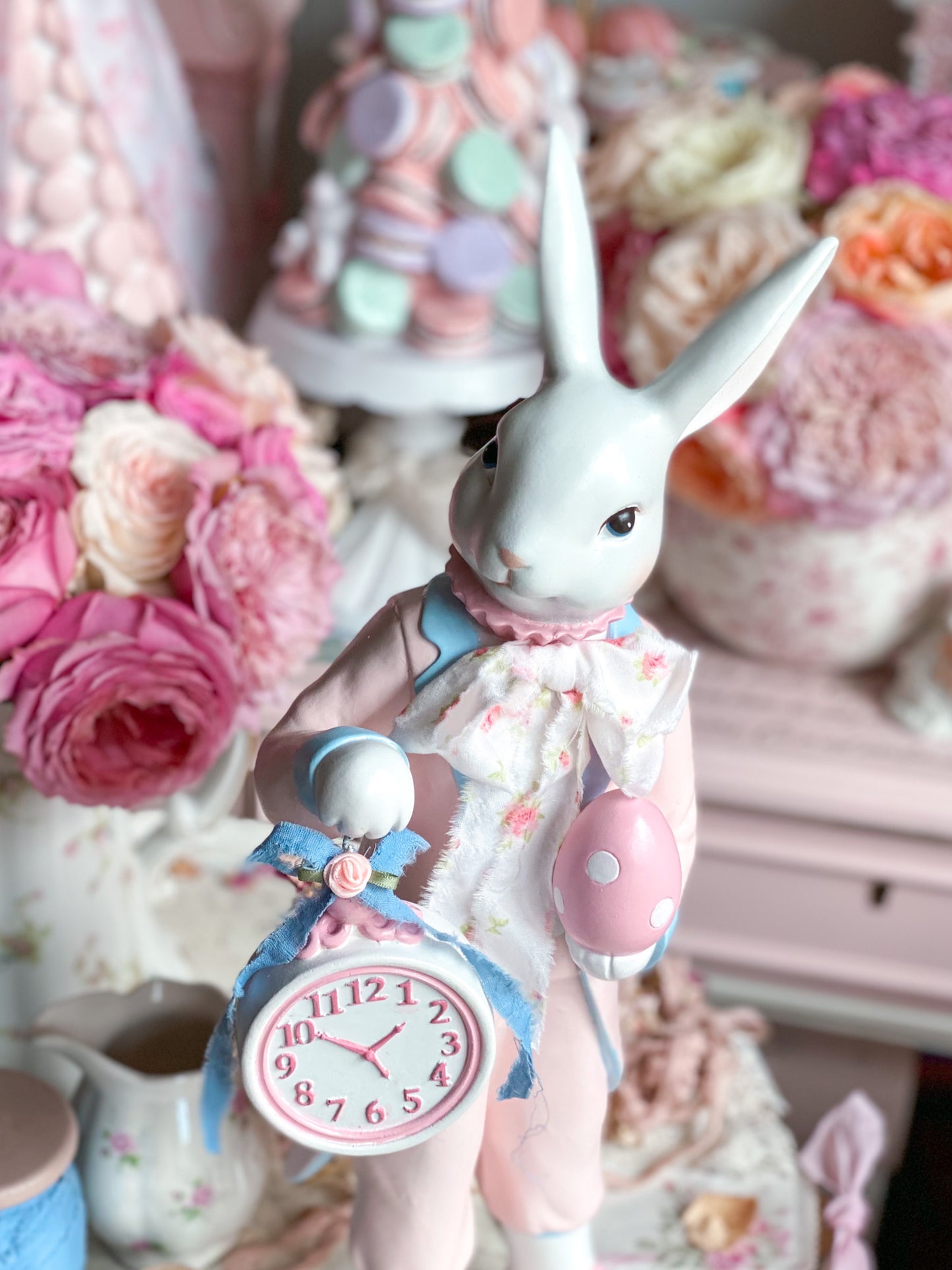 Bespoke Hand Painted Pastel Pink and Blue White Rabbit Figurine Holding Pocket Watch