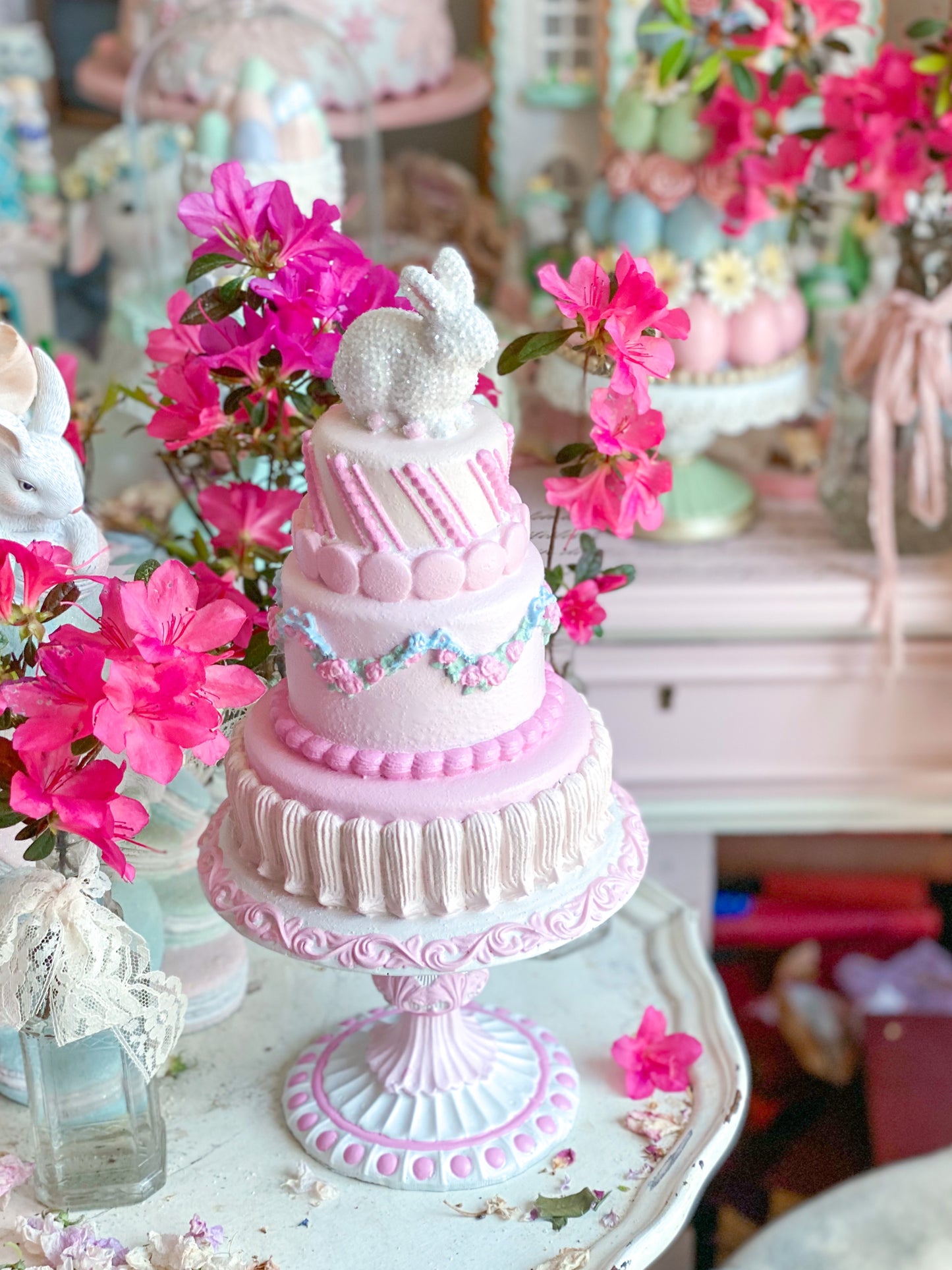 GLOW-UP COMMISSION: Bespoke Pastel Pink Bunny Cake with Floral Garland on Pedestal Base