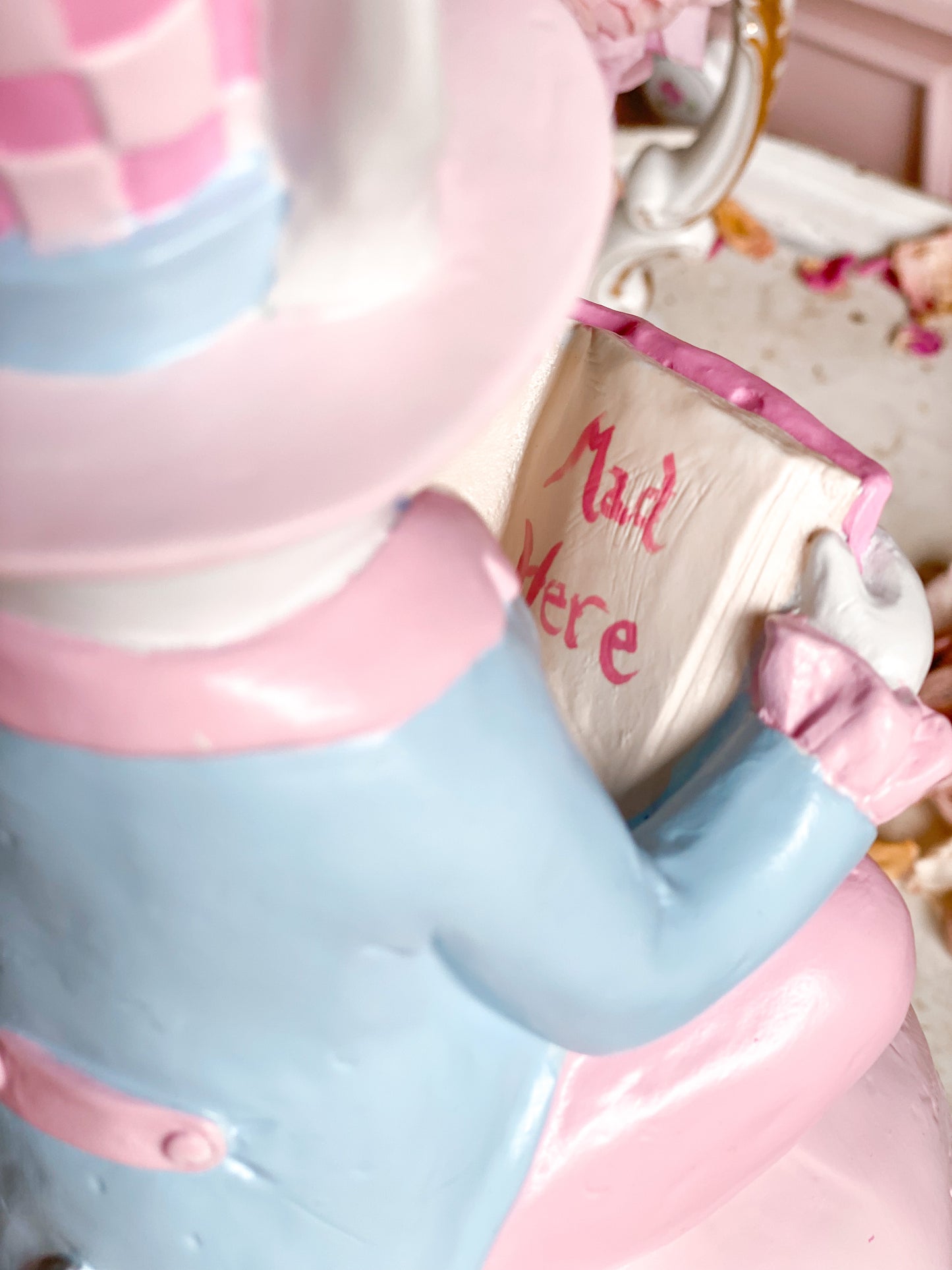 Bespoke Hand Painted Pastel Pink & Blue Mad Hatter Bunny Reading Book of Alice in Wonderland on a Mushroom