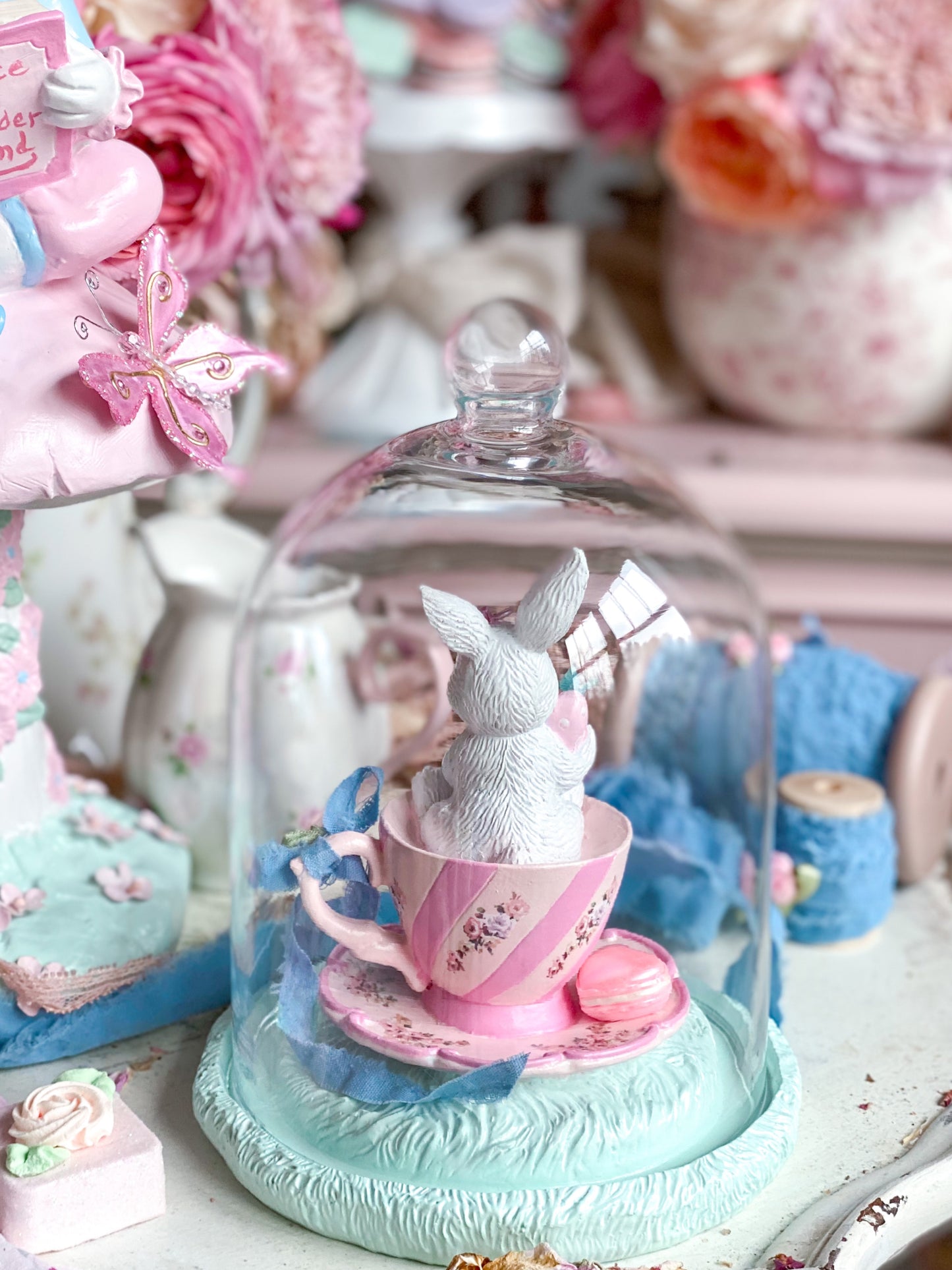 Bespoke Hand Painted Pastel Pink Bunny in a Tea Cup Cloche