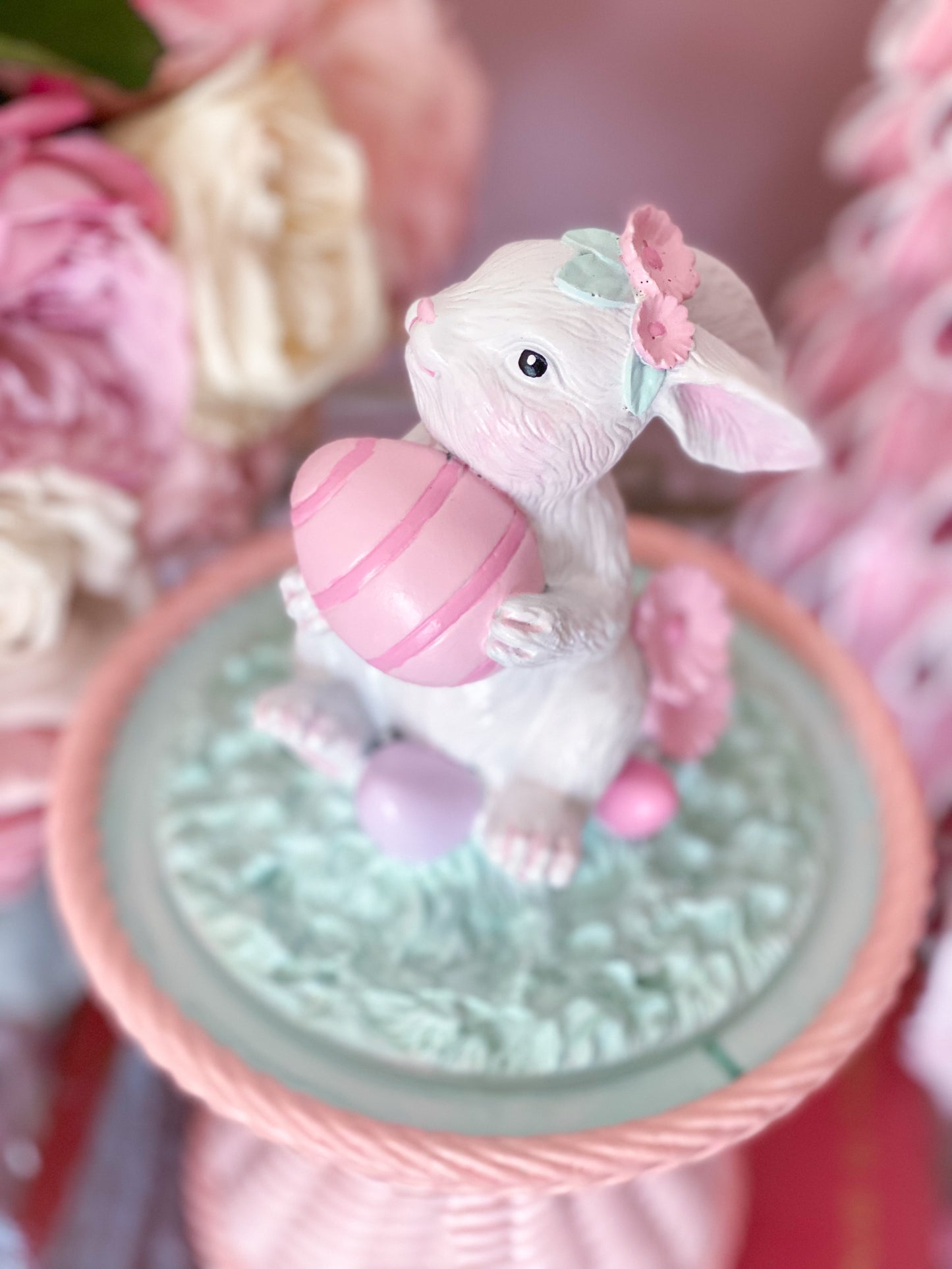 Bespoke Easter Bunny in Cloche on Pastel Pink Pedestal Base Hand Painted