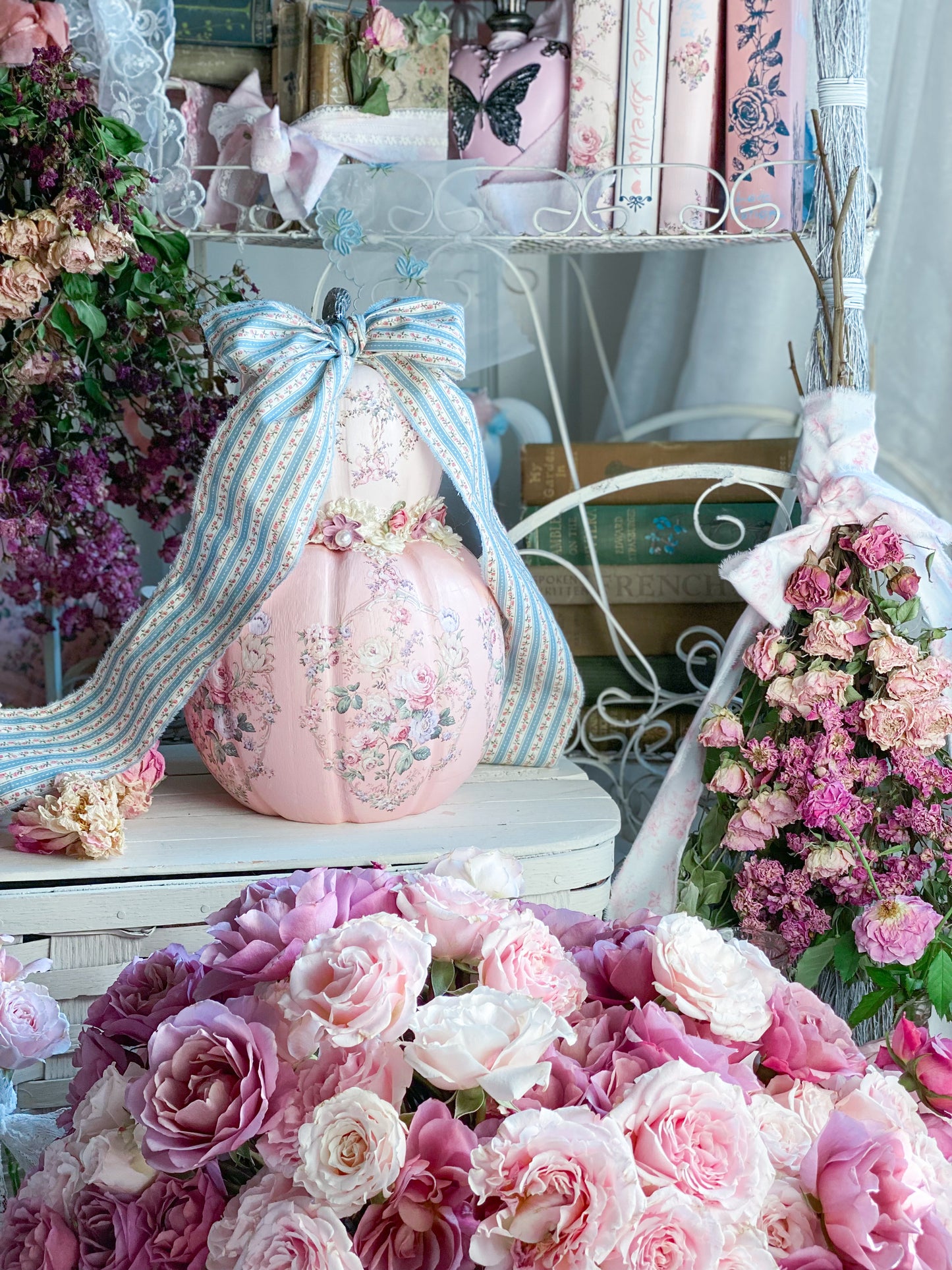 Bespoke Pink Double Pumpkin Stack w/ Blue Ribbon