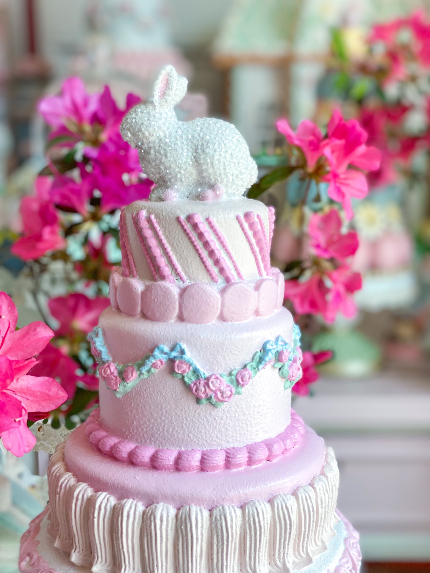 GLOW-UP COMMISSION: Bespoke Pastel Pink Bunny Cake with Floral Garland on Pedestal Base