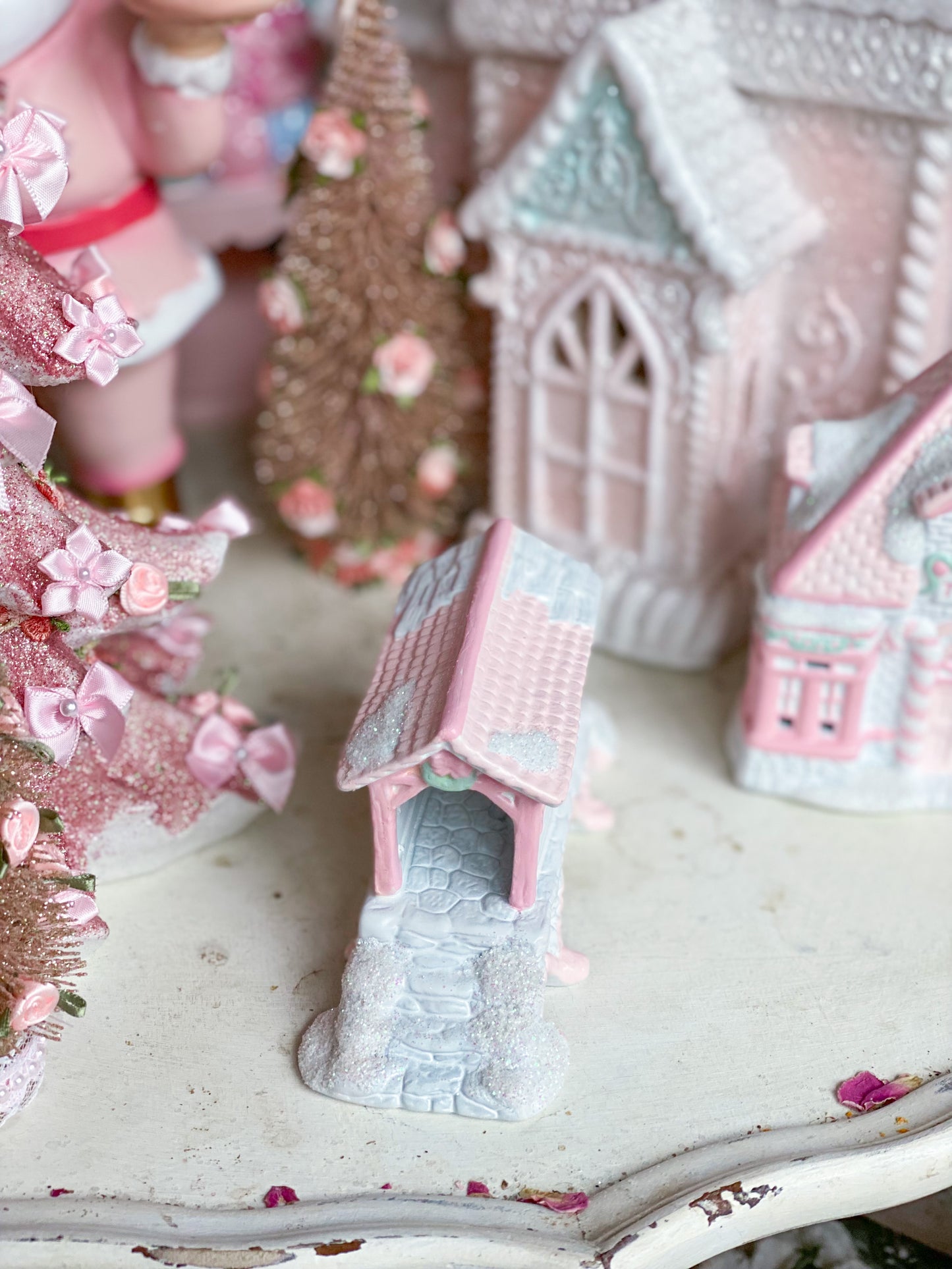 Bespoke Pink and White Christmas Village covered Bridge