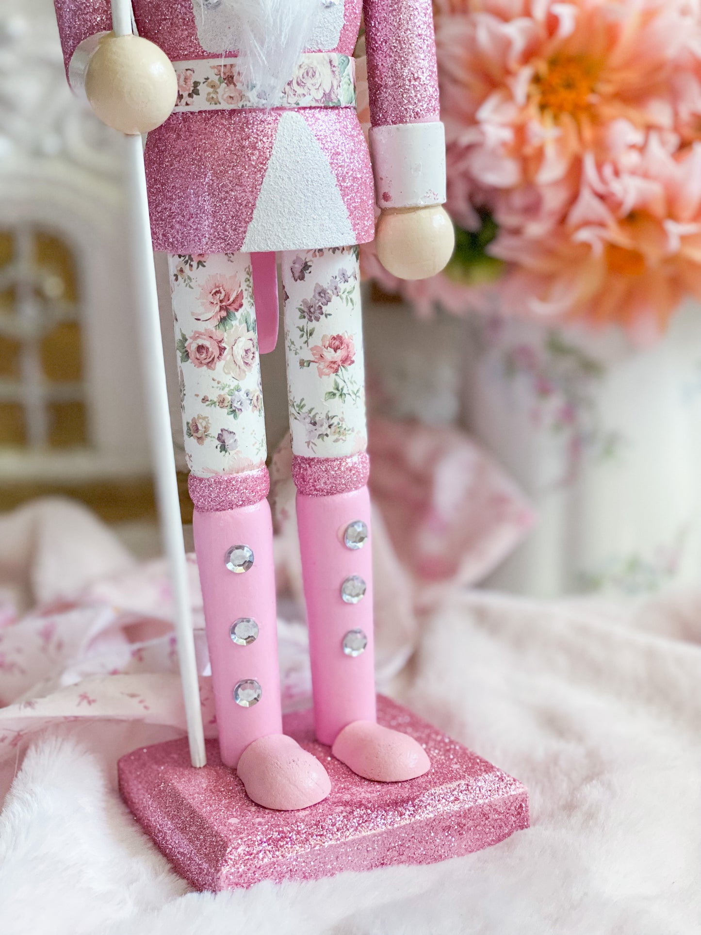 Bespoke Pink Glitter Wooden Nutcracker with Floral Pants