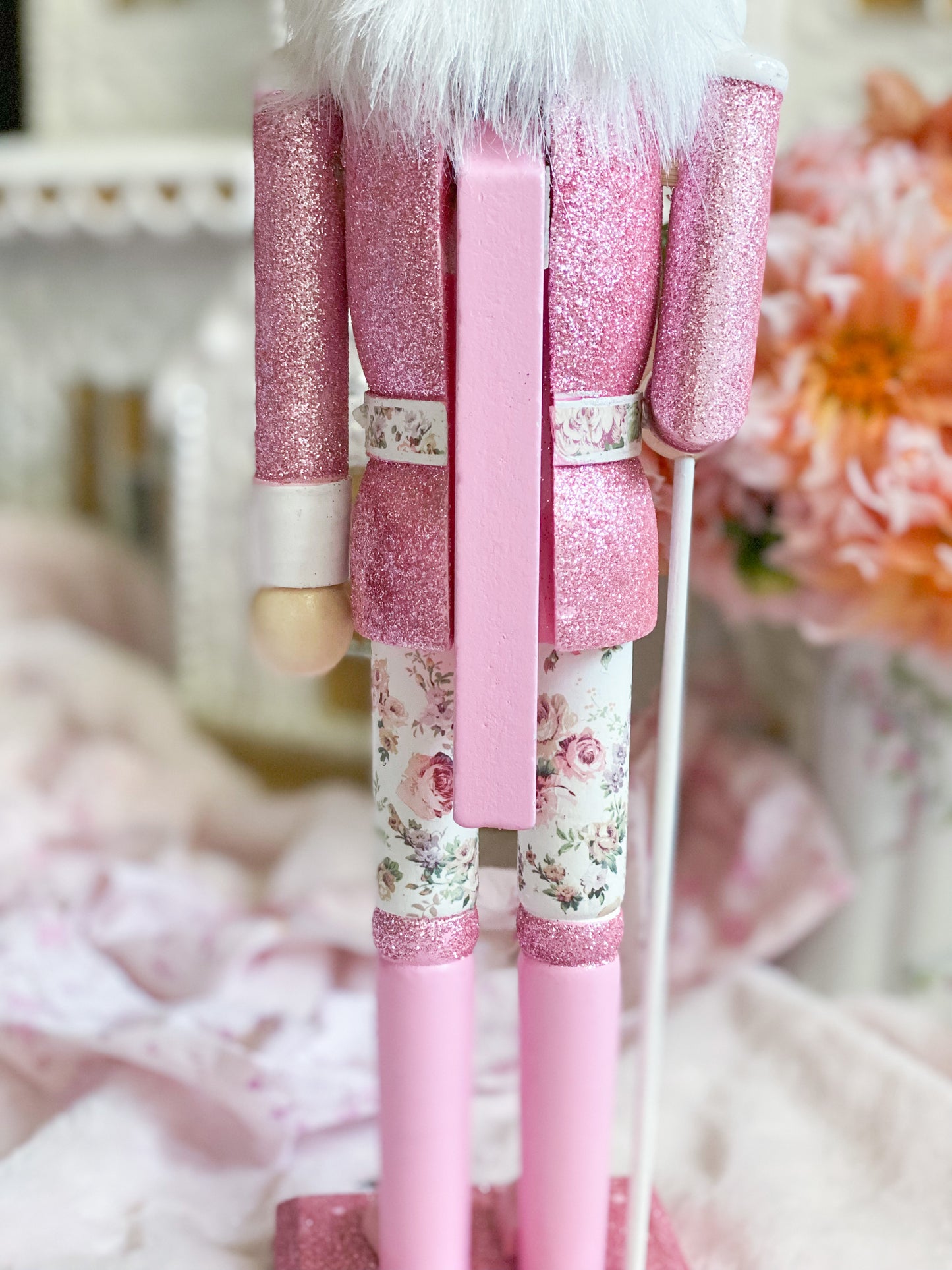 Bespoke Pink Glitter Wooden Nutcracker with Floral Pants
