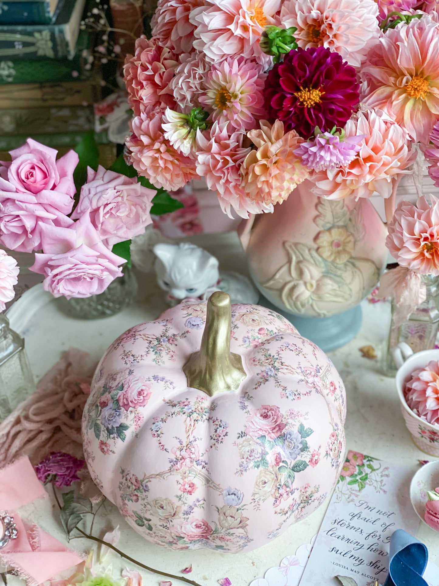 Pink Upcycled Shabby Chic Hand Painted Ceramic Pumpkin