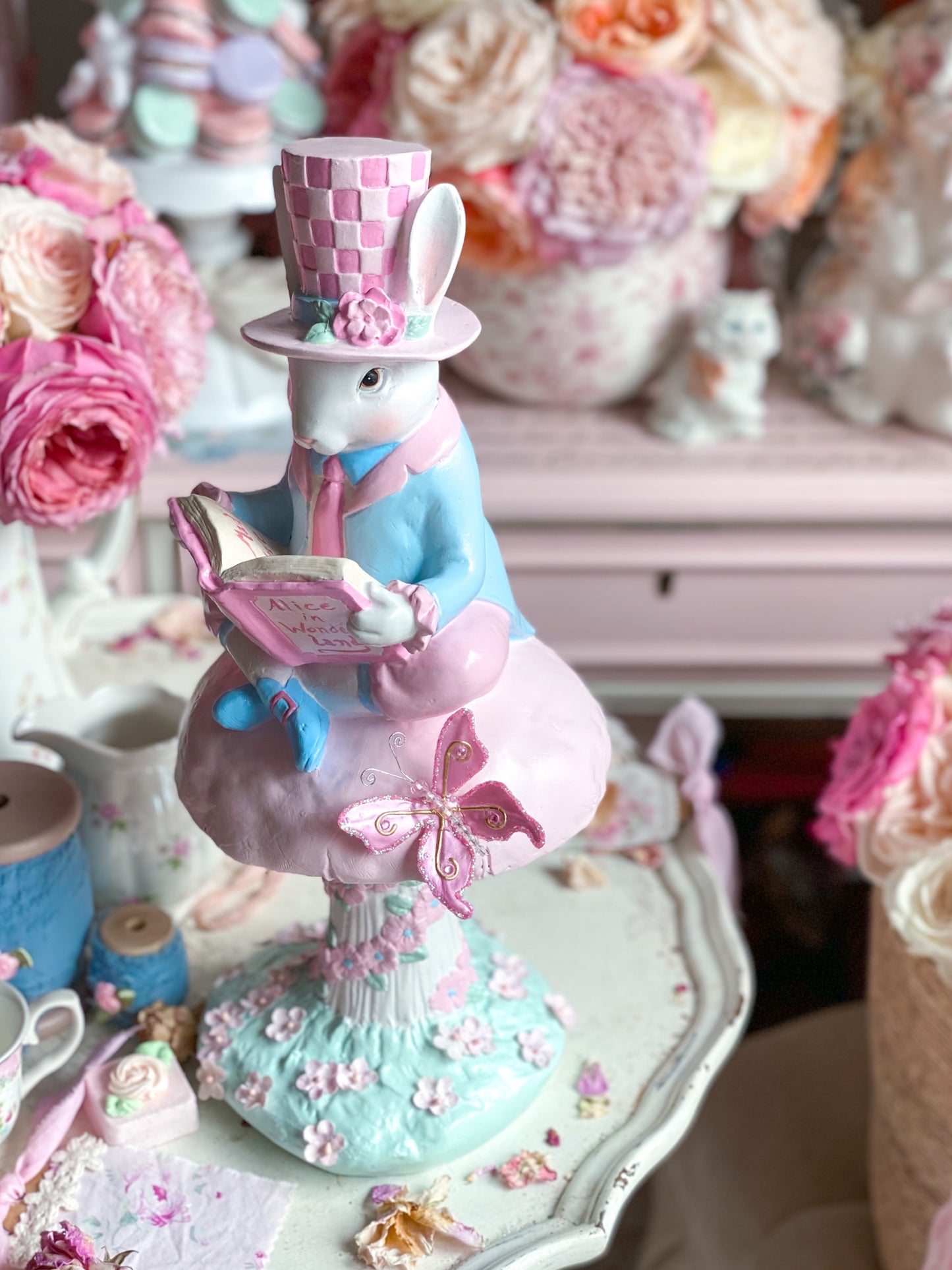 Bespoke Hand Painted Pastel Pink & Blue Mad Hatter Bunny Reading Book of Alice in Wonderland on a Mushroom