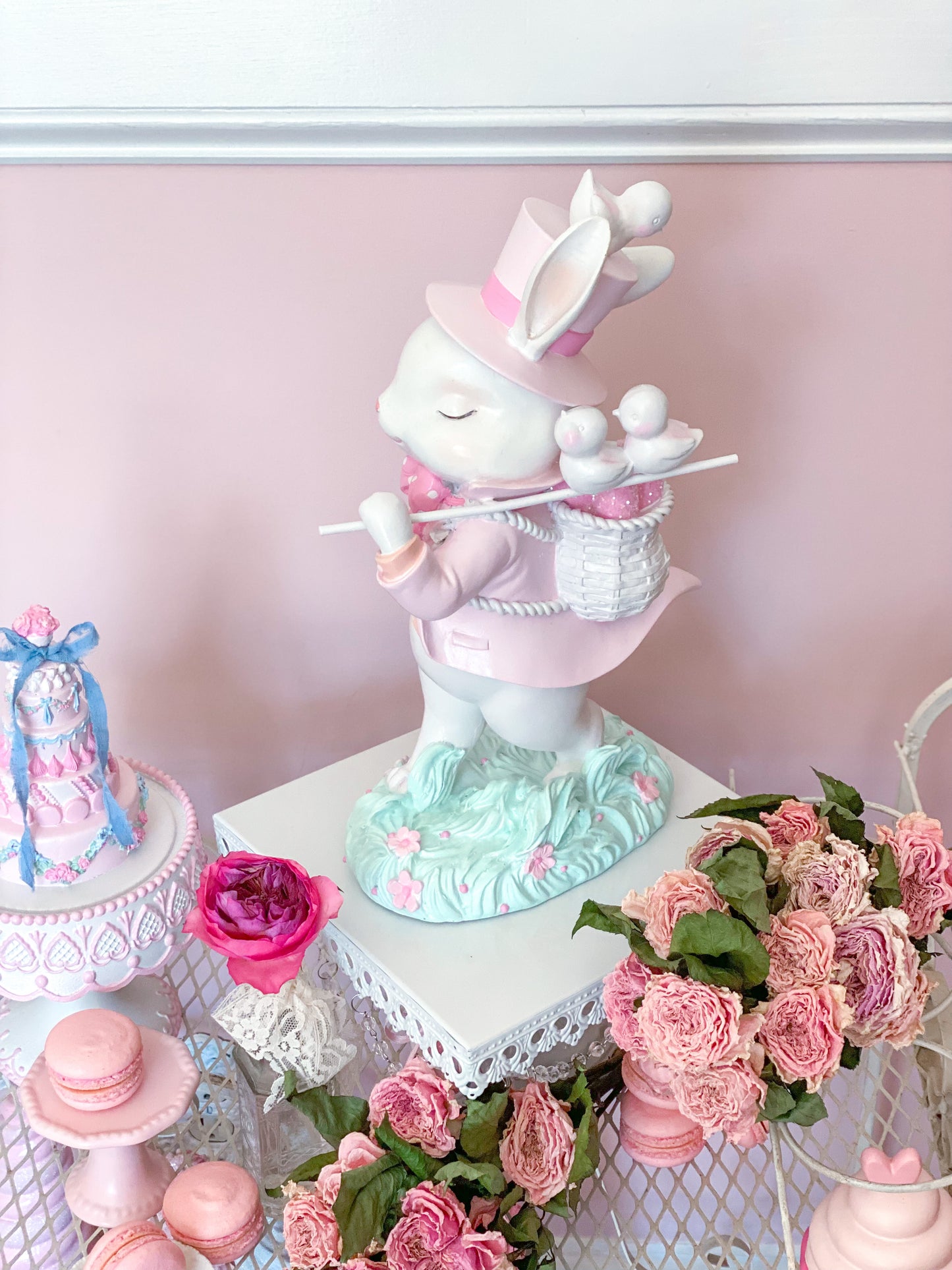 GLOW-UP COMMISSION: Bespoke Hand Painted Pastel Pink Mad Hatter Bunny Strolling with his chicks