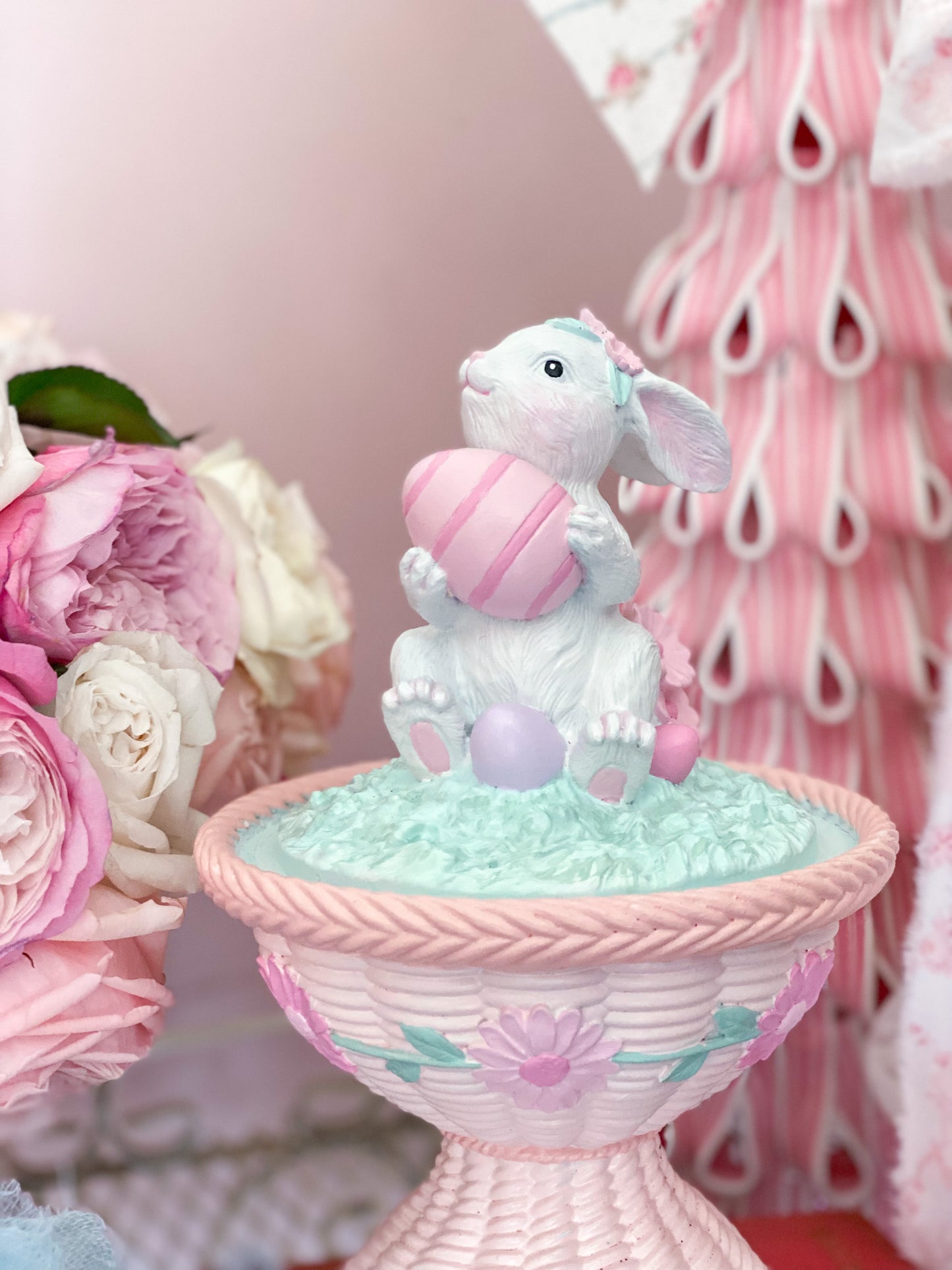 Bespoke Easter Bunny in Cloche on Pastel Pink Pedestal Base Hand Painted
