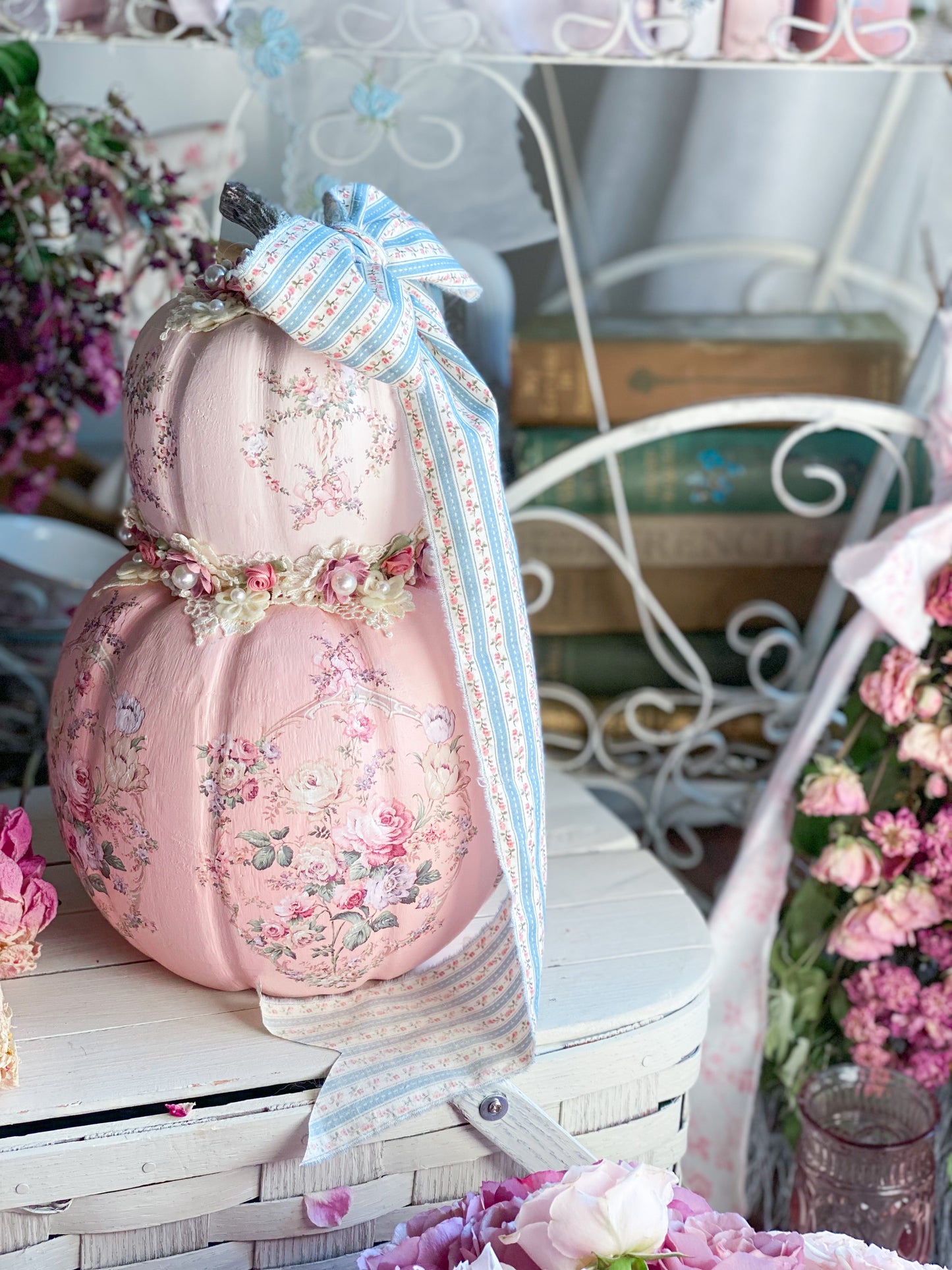 Bespoke Pink Double Pumpkin Stack w/ Blue Ribbon