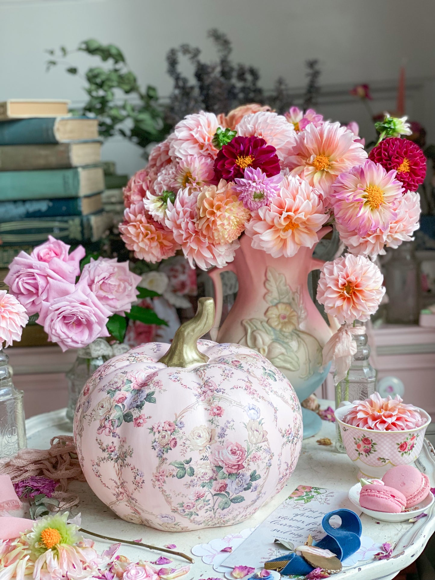 Pink Upcycled Shabby Chic Hand Painted Ceramic Pumpkin