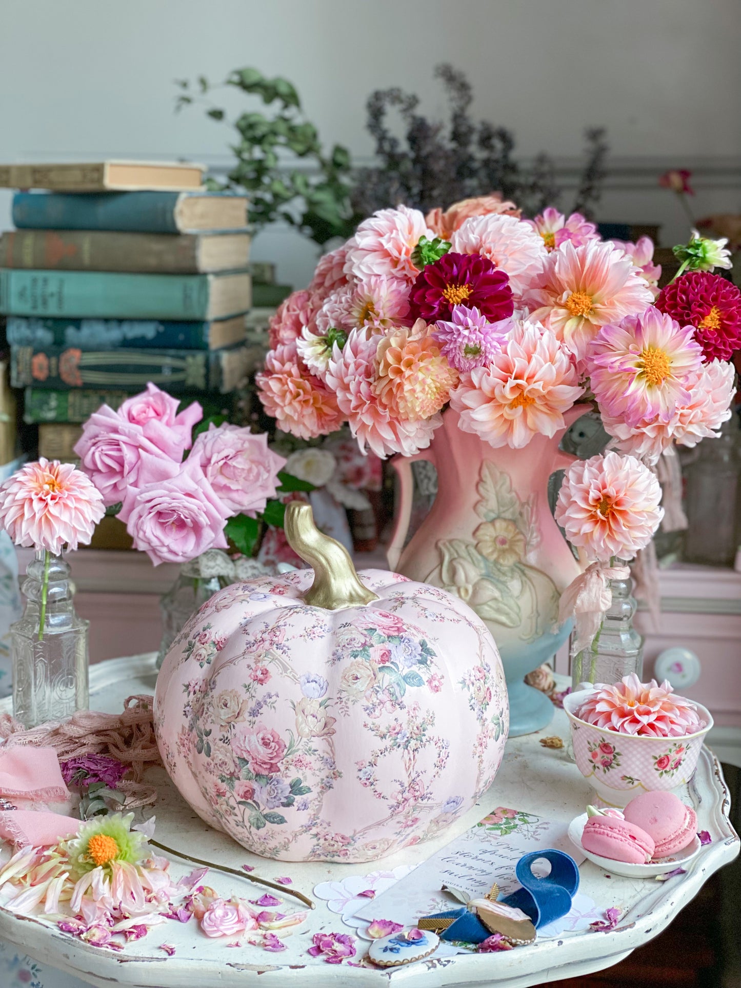 Pink Upcycled Shabby Chic Hand Painted Ceramic Pumpkin