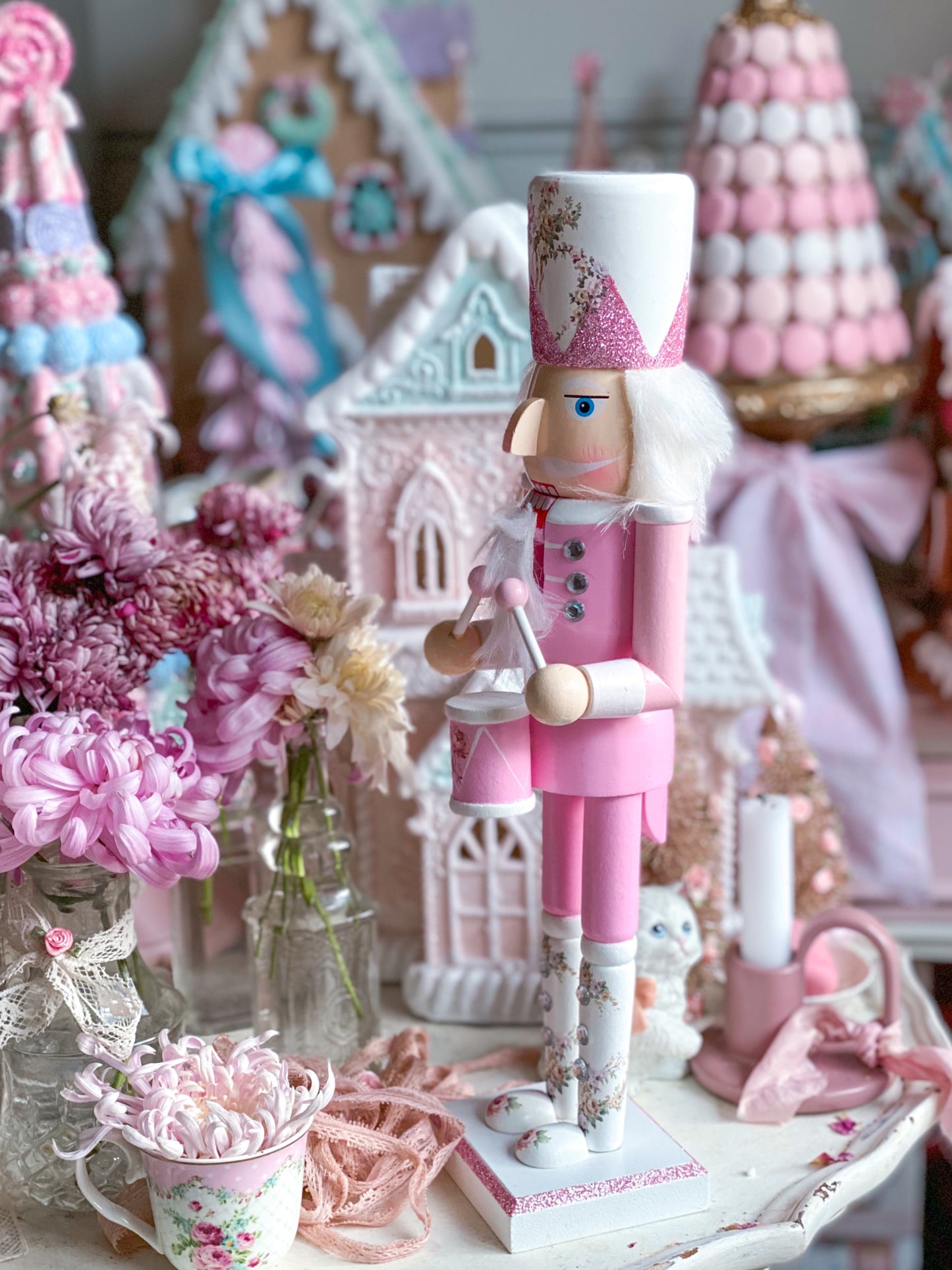 Bespoke Pastel Pink Glitter Drummer Nutcracker with Floral Boots