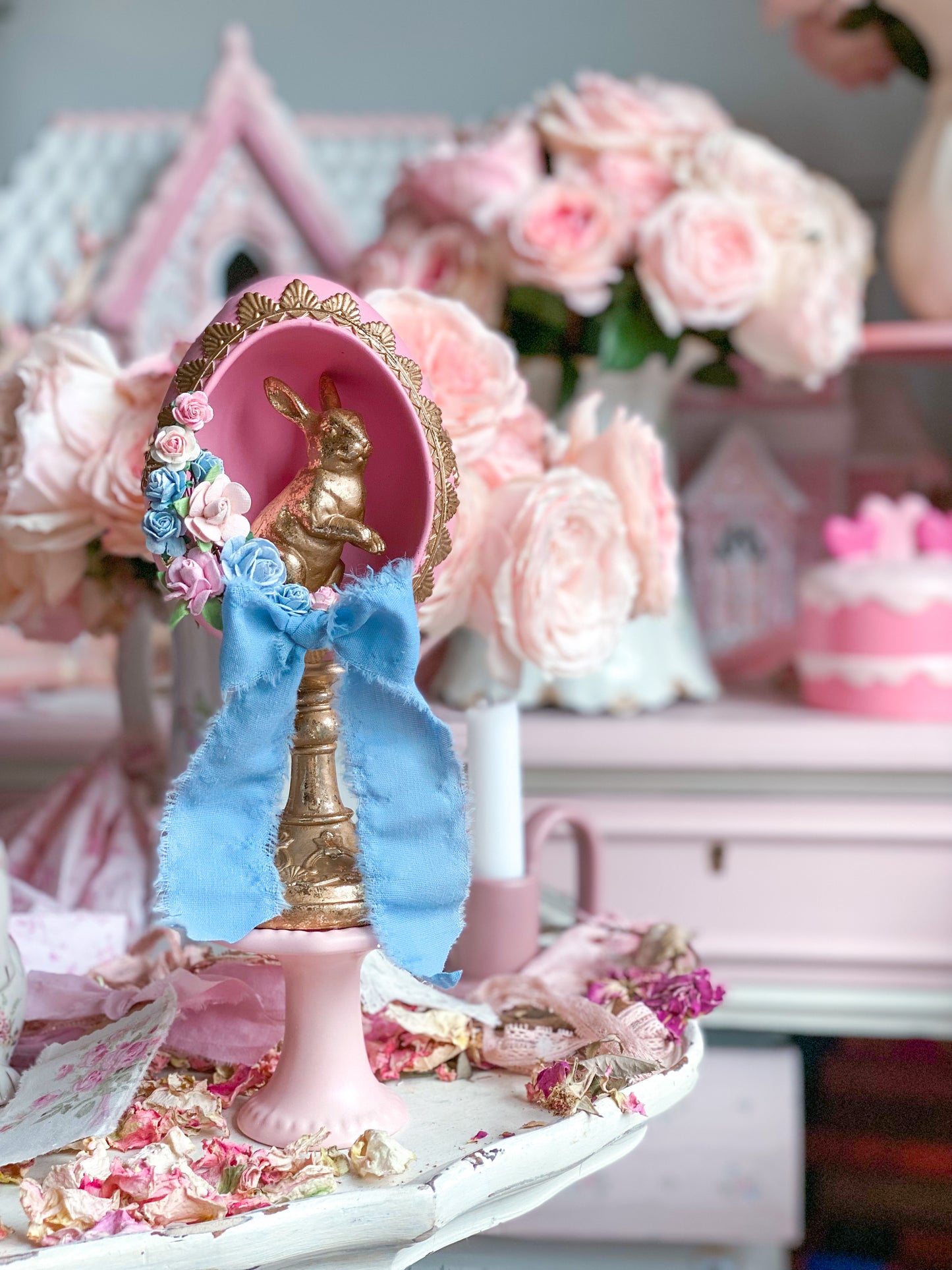 Bespoke Pastel Pink, Blue and Gold Shabby Chic Egg Finial with Easter Bunny