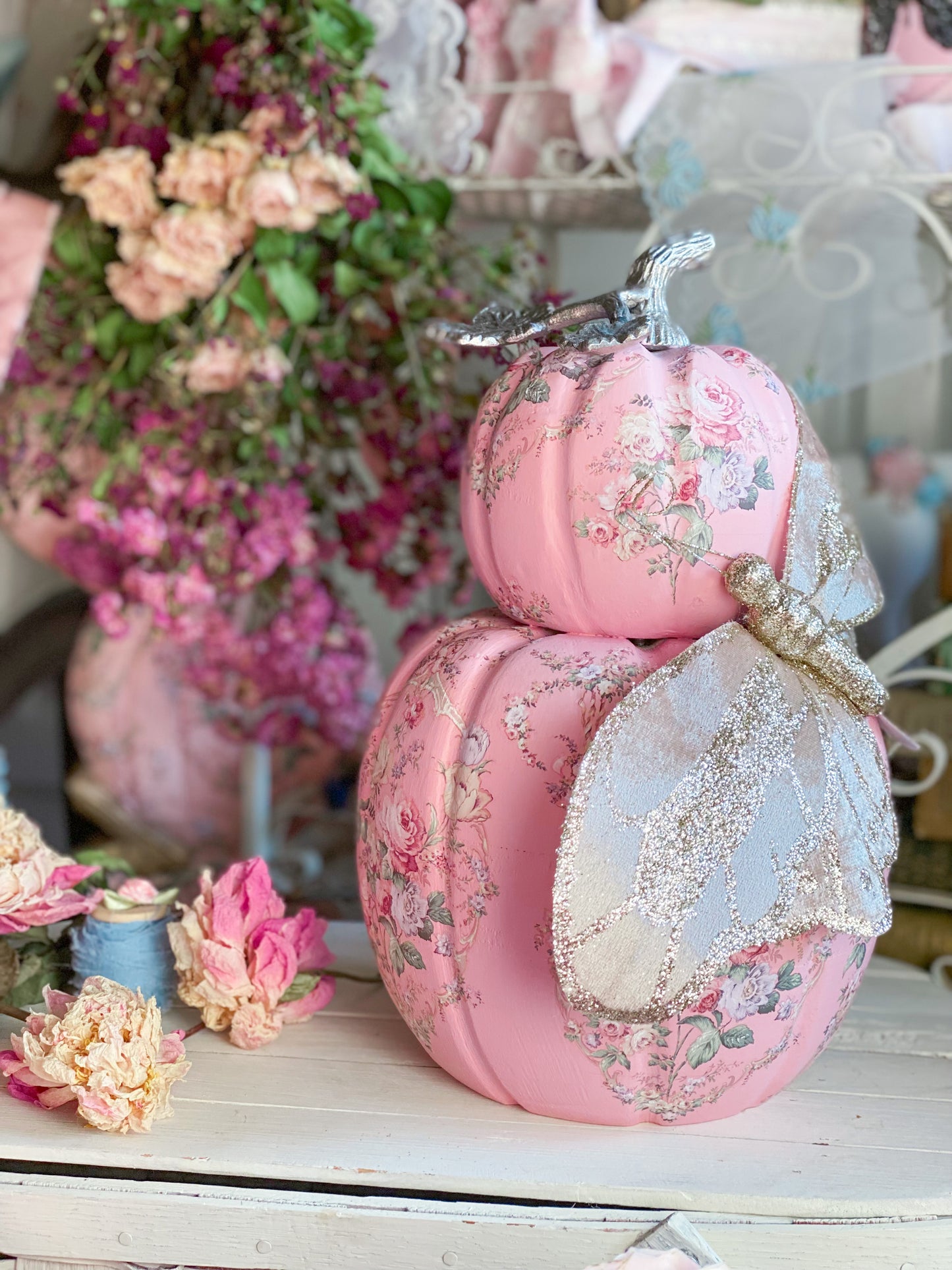 Pink Bespoke Butterfly Double Stacked Pumpkin