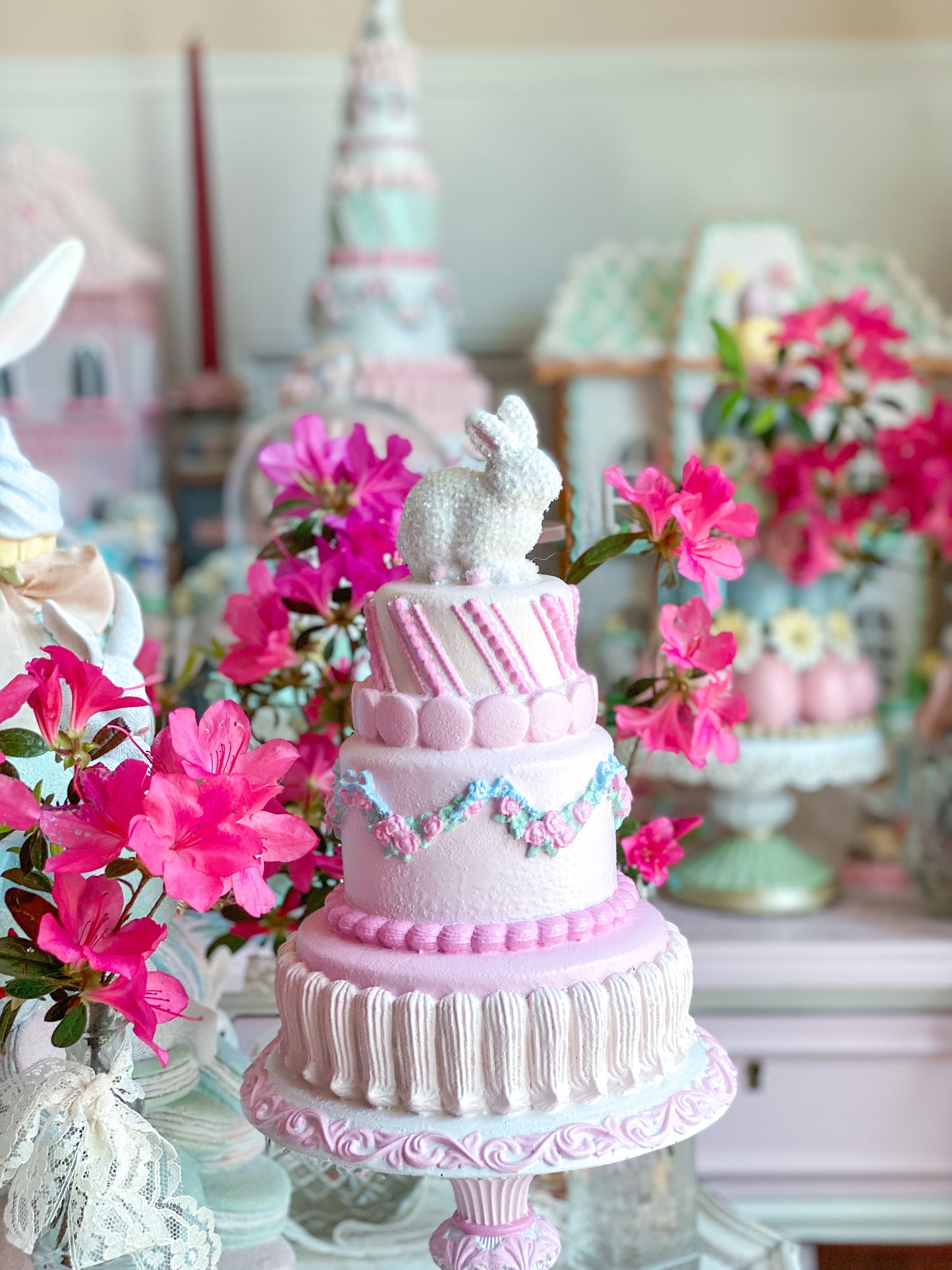 GLOW-UP COMMISSION: Bespoke Pastel Pink Bunny Cake with Floral Garland on Pedestal Base