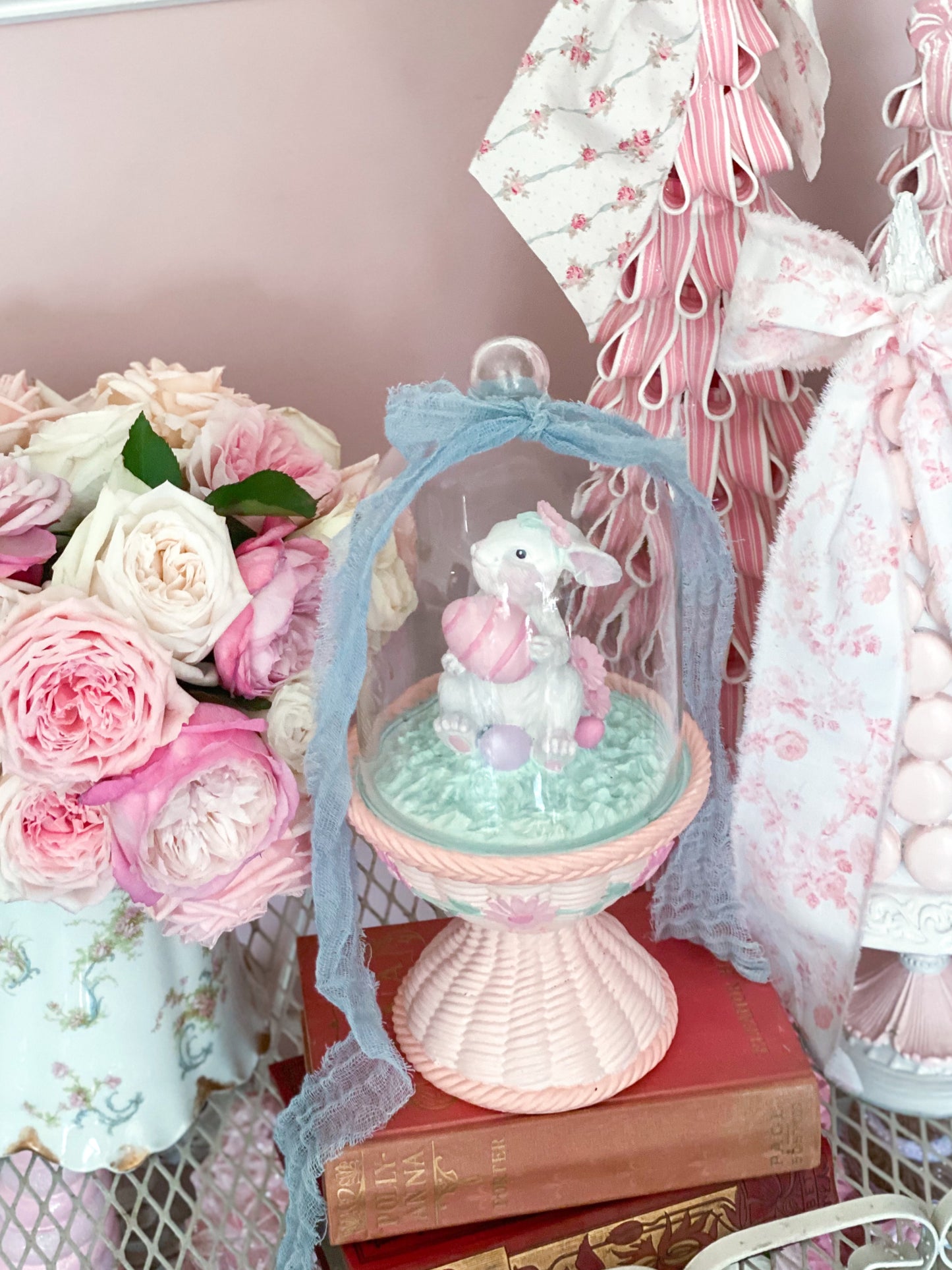 Bespoke Easter Bunny in Cloche on Pastel Pink Pedestal Base Hand Painted