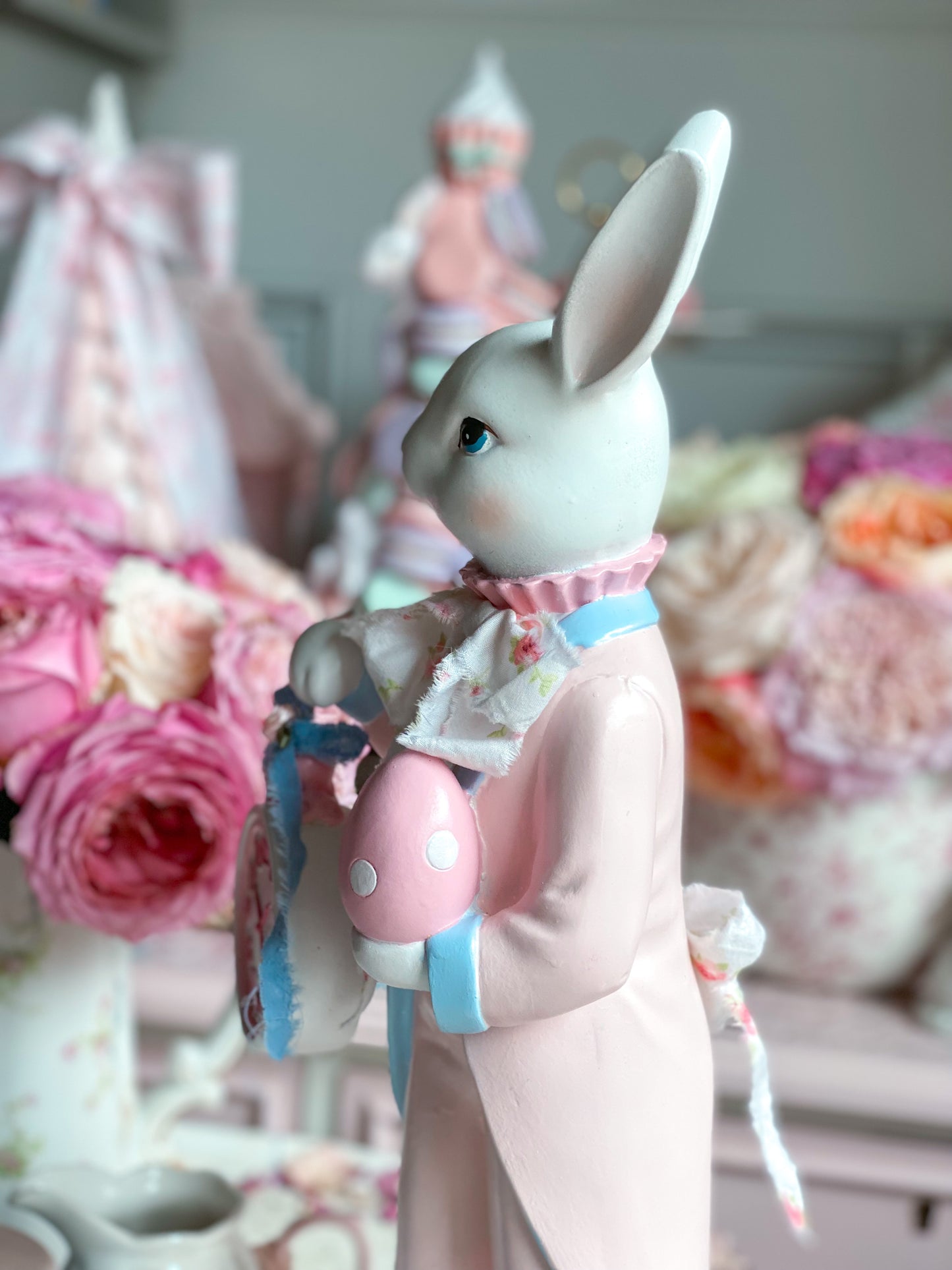 Bespoke Hand Painted Pastel Pink and Blue White Rabbit Figurine Holding Pocket Watch