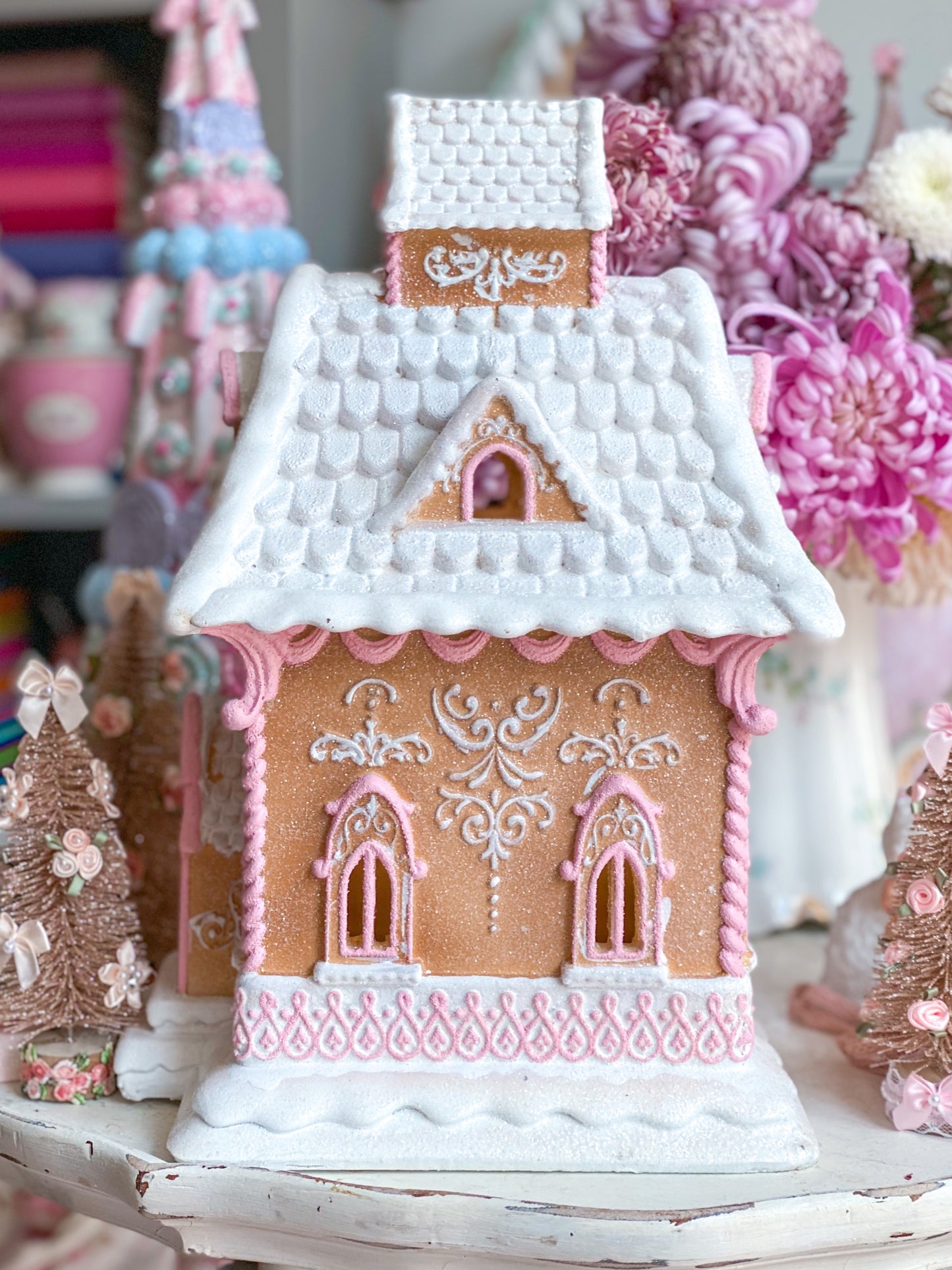Bespoke Hand Painted LED light up Gingerbread House with Pink Details
