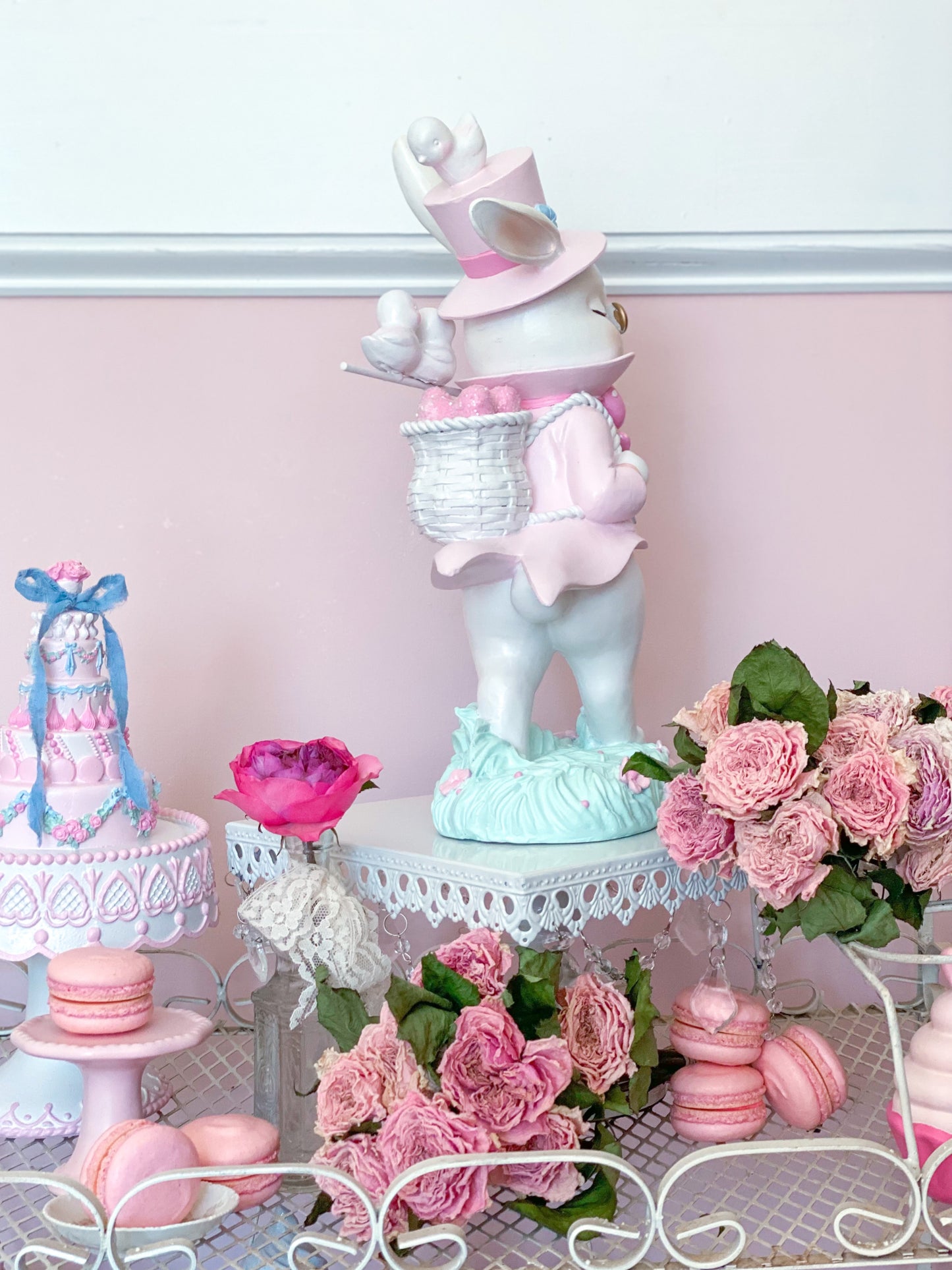 GLOW-UP COMMISSION: Bespoke Hand Painted Pastel Pink Mad Hatter Bunny Strolling with his chicks